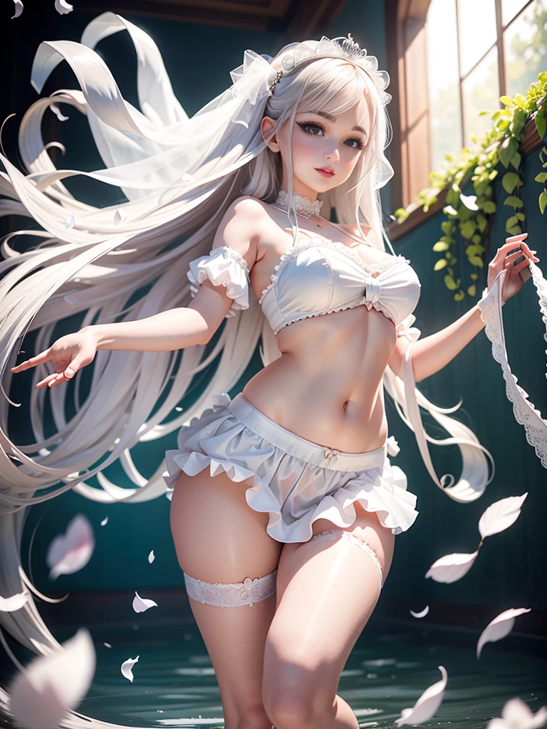 bridal beauty，White，Refined face，long hair，bathroom，Bridal veil，Lolita，float，Wind magic，flying petals，Floating hair，Tulle transparent clothing
，belly dance，Wet clothing，Bare crotch，Exposing the upper part of the mons pubis and thick hair，thigh