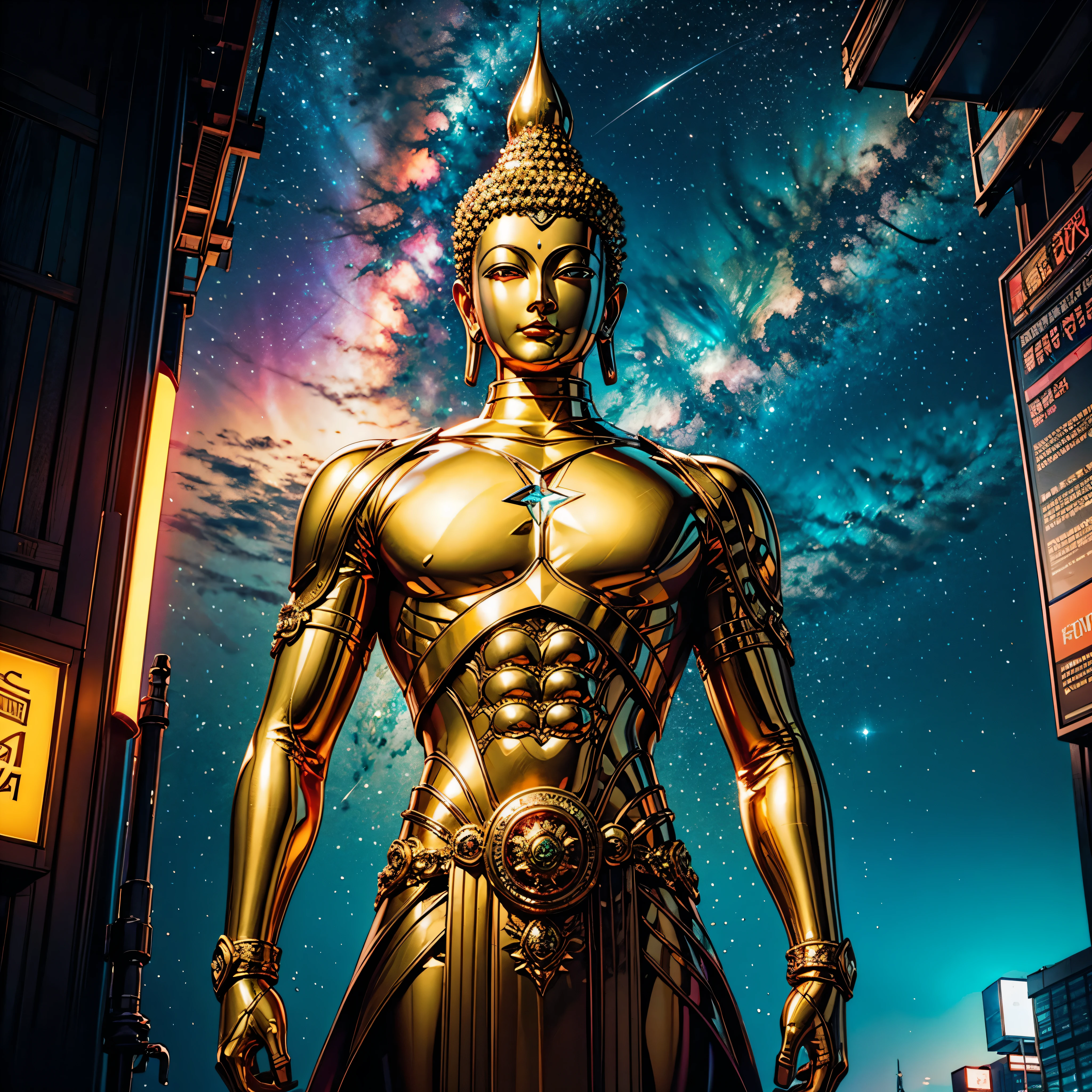 Will-o'-the-wisp dazzling Symmetrical Duddha_Interstellar (Galaxy stars Nebula Spacious Sunrise evening_glow distant_view Sunset rich_colors colorful wide-angle_lens shooting_evening positive_film naturalistic_style),A highly detailed, futuristic scene with a vibrant color palette and neon lights. The focal point of the scene a magnificent Golden Buddha statue, radiating a sense of peace and tranquility. The statue made of pure gold and shines brightly, reflecting the neon lights around it. The surrounding environment filled with futuristic elements, such as sleek buildings, flying cars, and holographic advertisements. The colors in the scene are intense and vibrant, incorporating shades of blues, purples, pinks, and greens. The neon lights illuminate the surroundings, casting a surreal and vibrant glow. The overall atmosphere both awe-inspiring and serene, blending the traditional beauty of the Golden Buddha with the cutting-edge aesthetics of the future. Everything in the scene highly detailed and realistic, with every intricate feature of the Buddha statue captured flawlessly. The lighting carefully designed to highlight the beauty of the statue and create a mesmerizing ambiance.optimal bright_color dappled_sunLight meticulously intricate ultra_high-details ultra_high-res hyper pro-Photo-realistic ultra_high-quality ultra_high-def UHD XT3 DSLR HDR extreme improved Octane-rendered opengl-shaders glsl-shader romm rgb pbr shading 3DCG fxaa global illumination cgi vfx sfx fkaa txaa rtx ssao post-processing post-production cell-shading tone-mapping Ultra_sharpness focus accurate max saturate reflex analogique Vivid DSLR color-coded luminescence volumetric Cinematic_Sunrise lightning contrast incandescent Cristallines floraison zentangle fleuraison varied multi etc. --s 1000 --c 20 --q 20 --chaos 100