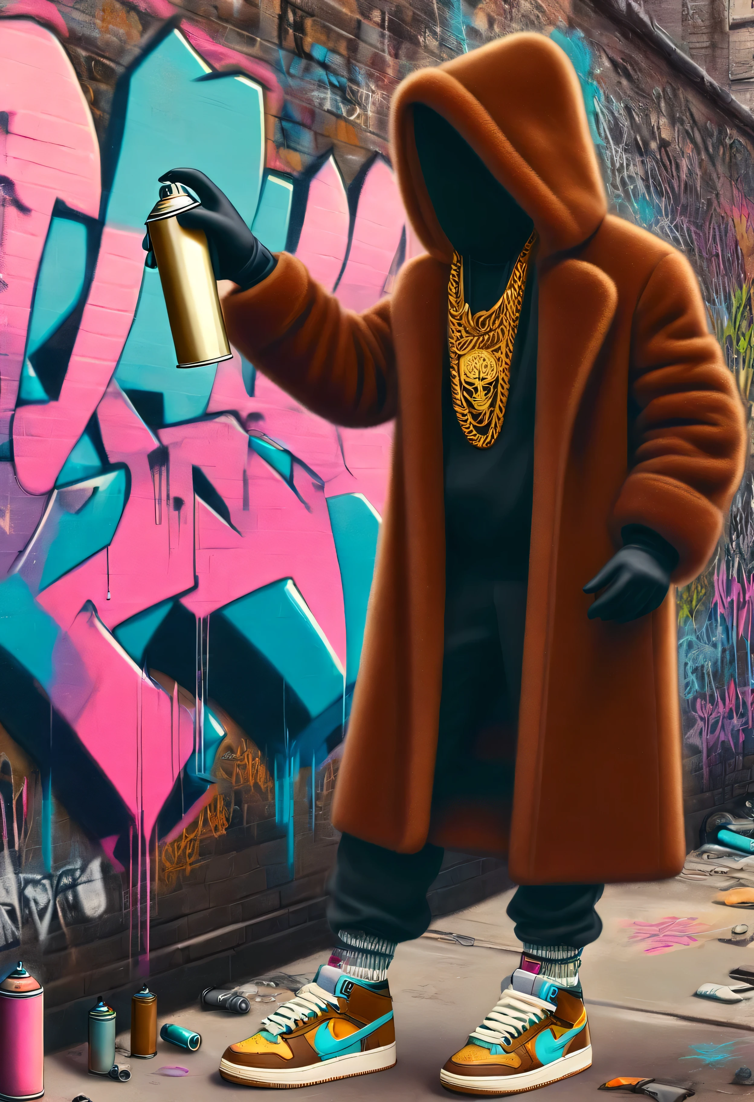 electricboogaloostyle, no face, solo, gloves, long sleeves, holding, jewelry, standing, full body, shoes, black gloves, socks, pants, hood, necklace, coat, chain, sneakers, hood up, wall, brown coat, hooded coat, graffiti, spray can