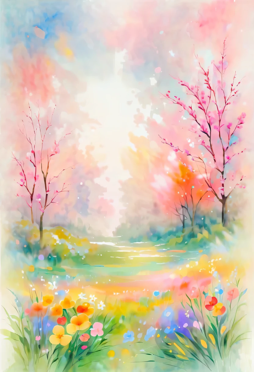 pastel tones，Light style，cozy calm，nature，warm and comfortable，garden，This watercolor floral painting shows a beautiful scene of wildflowers and peach blossoms in a field。The screen is dominated by a white background，Highlights the bright colors of flowers。Use splatter techniques，Reproduces the humid atmosphere。Abstract compositions blend with surreal elements，Create a unique visual effect。Light tones、Pale pink and light green color scheme，and high-resolution details，Shows the vitality and vitality of flowers。The ink splash effect adds to the dynamics of the picture.。In general，This painting is painted in pale tones，Presenting a beautiful watercolor flower painting。