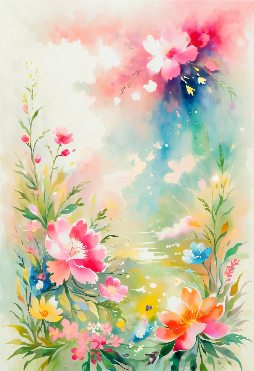 pastel tones，Light style，cozy calm，nature，warm and comfortable，garden，This watercolor floral painting shows a beautiful scene of wildflowers and peach blossoms in a field。The screen is dominated by a white background，Highlights the bright colors of flowers。Use splatter techniques，Reproduces the humid atmosphere。Abstract compositions blend with surreal elements，Create a unique visual effect。Light tones、Pale pink and light green color scheme，and high-resolution details，Shows the vitality and vitality of flowers。The ink splash effect adds to the dynamics of the picture.。In general，This painting is painted in pale tones，Presenting a beautiful watercolor flower painting。