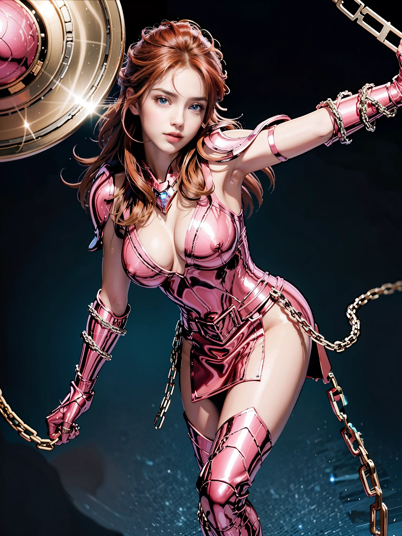 masterpiece, best quality, ultra high res, realistic skin texture, armature, photorealistic, high resolution, raw photo, shiny skin, realistic skin texture, best lighting, sparkle, dramatic lighting, dynamic pose, Greek temple background, night sky, cosmos, milky way, 1girl, balanced eyes, Andromeda Shun, pink armor, roman skirt plate, breast plate, cleavage, red hair, pink helmet, blue eyes, looking at viewer, large breast, slight smile, chains