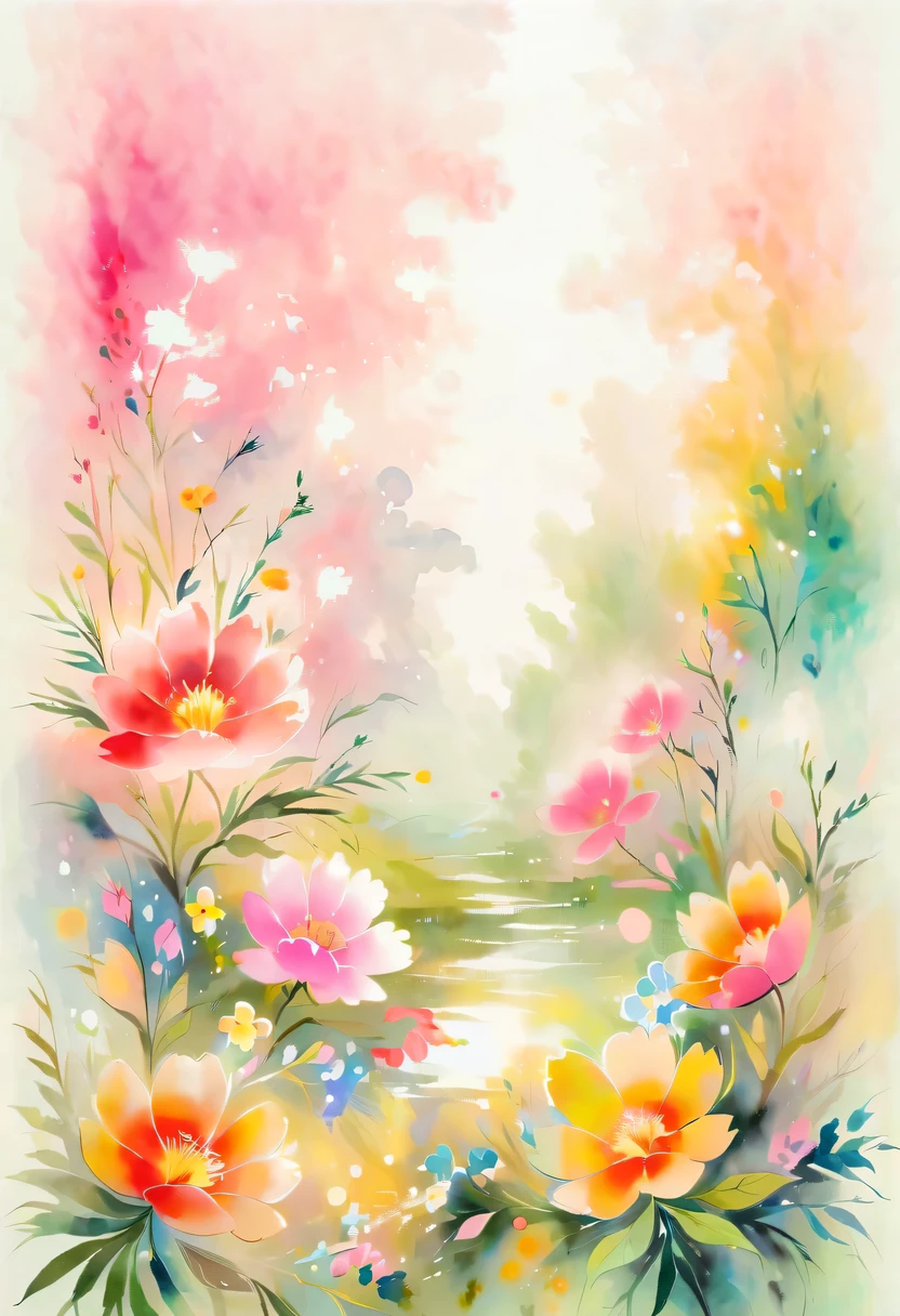 pastel tones，Light style，cozy calm，nature，warm and comfortable，garden，This watercolor floral painting shows a beautiful scene of wildflowers and peach blossoms in a field。The screen is dominated by a white background，Highlights the bright colors of flowers。Use splatter techniques，Reproduces the humid atmosphere。Abstract compositions blend with surreal elements，Create a unique visual effect。Light tones、Pale pink and light green color scheme，and high-resolution details，Shows the vitality and vitality of flowers。The ink splash effect adds to the dynamics of the picture.。In general，This painting is painted in pale tones，Presenting a beautiful watercolor flower painting。