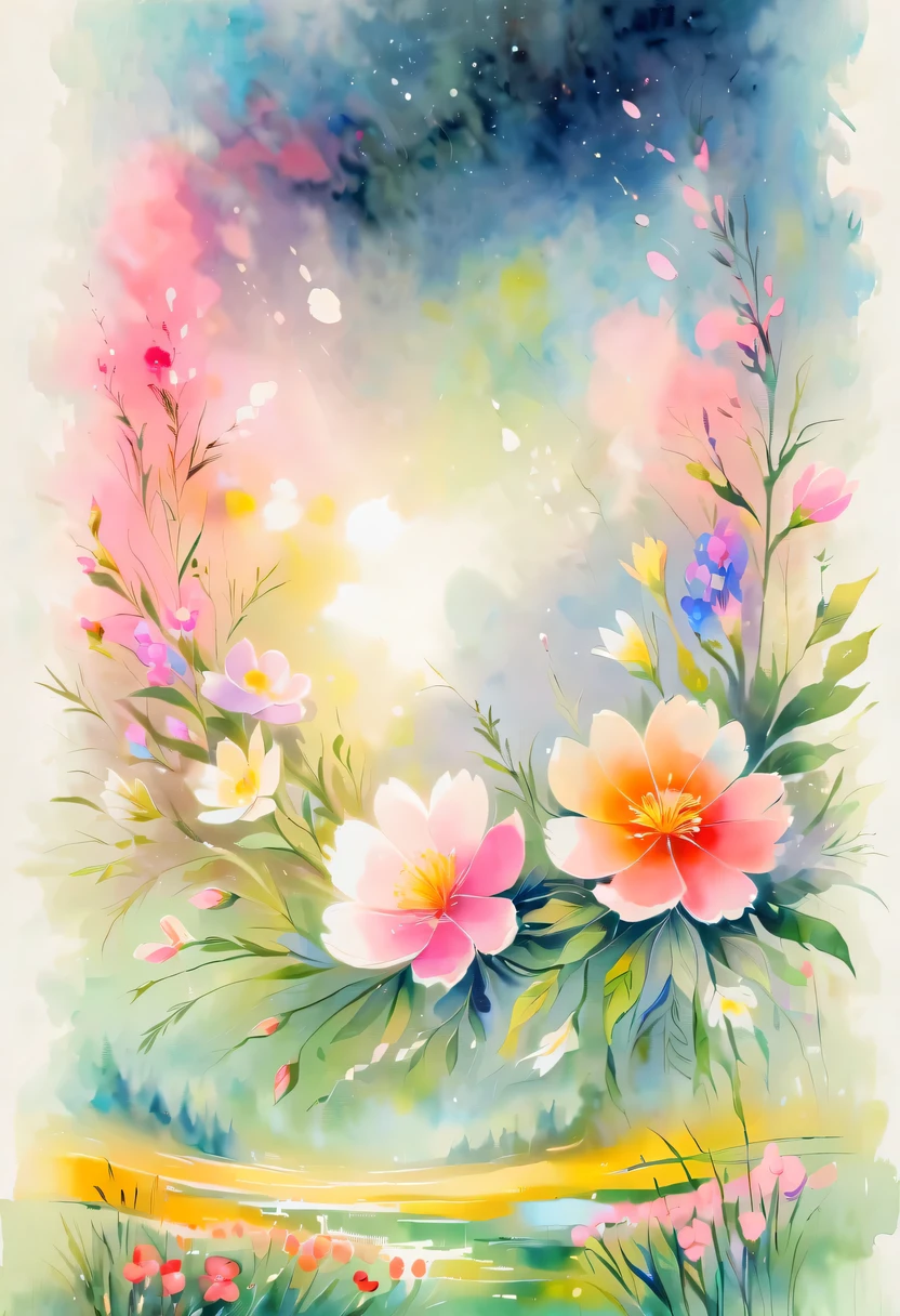 pastel tones，Light style，cozy calm，nature，warm and comfortable，garden，This watercolor floral painting shows a beautiful scene of wildflowers and peach blossoms in a field。The screen is dominated by a white background，Highlights the bright colors of flowers。Use splatter techniques，Reproduces the humid atmosphere。Abstract compositions blend with surreal elements，Create a unique visual effect。Light tones、Pale pink and light green color scheme，and high-resolution details，Shows the vitality and vitality of flowers。The ink splash effect adds to the dynamics of the picture.。In general，This painting is painted in pale tones，Presenting a beautiful watercolor flower painting。