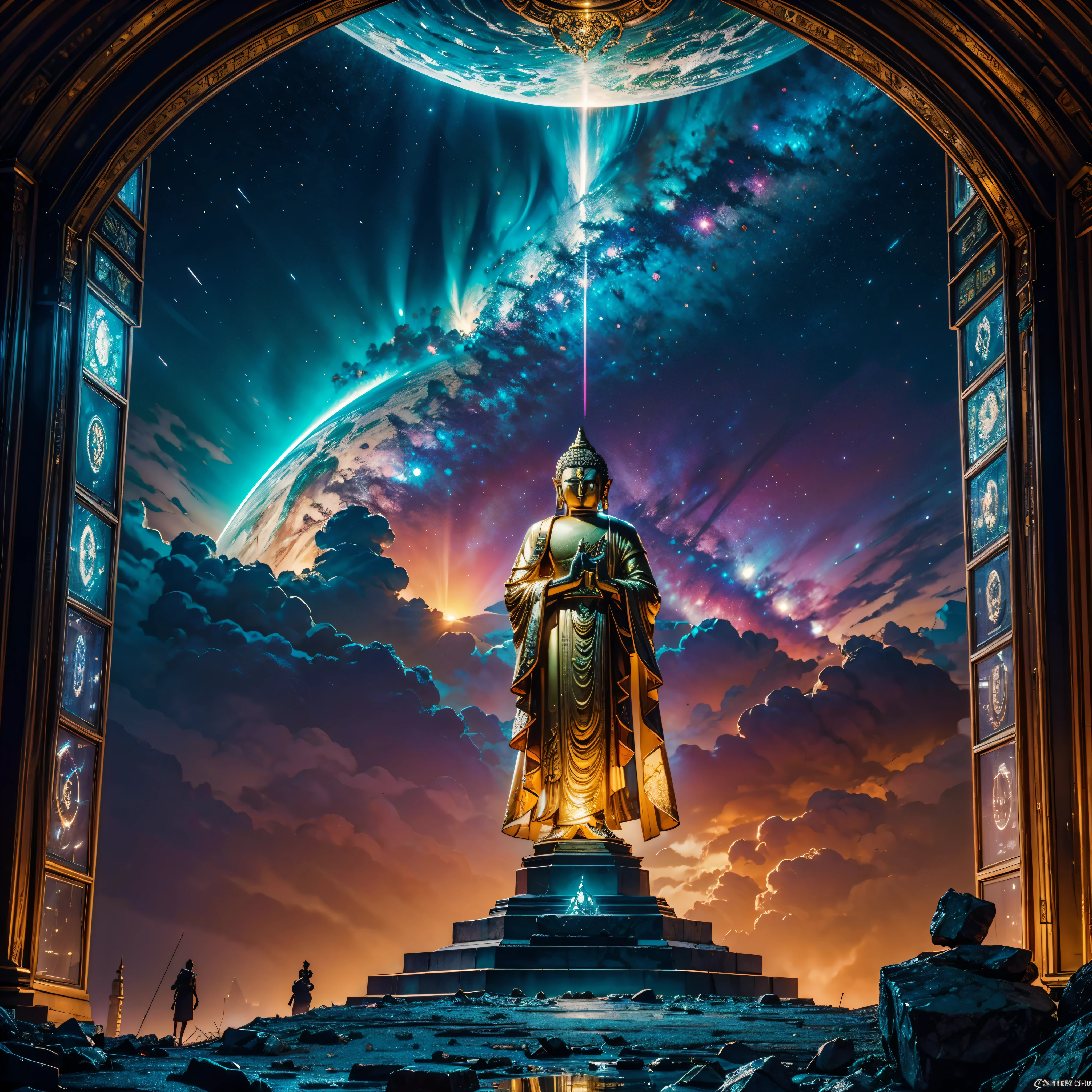Will-o'-the-wisp dazzling Symmetrical Duddha_Interstellar (Galaxy stars Nebula Spacious Sunrise evening_glow distant_view Sunset rich_colors colorful wide-angle_lens shooting_evening positive_film naturalistic_style),A highly detailed, futuristic scene with a vibrant color palette and neon lights. The focal point of the scene a magnificent Golden Buddha statue, radiating a sense of peace and tranquility. The statue made of pure gold and shines brightly, reflecting the neon lights around it. The surrounding environment filled with futuristic elements, such as sleek buildings, flying cars, and holographic advertisements. The colors in the scene are intense and vibrant, incorporating shades of blues, purples, pinks, and greens. The neon lights illuminate the surroundings, casting a surreal and vibrant glow. The overall atmosphere both awe-inspiring and serene, blending the traditional beauty of the Golden Buddha with the cutting-edge aesthetics of the future. Everything in the scene highly detailed and realistic, with every intricate feature of the Buddha statue captured flawlessly. The lighting carefully designed to highlight the beauty of the statue and create a mesmerizing ambiance.optimal bright_color dappled_sunLight meticulously intricate ultra_high-details ultra_high-res hyper pro-Photo-realistic ultra_high-quality ultra_high-def UHD XT3 DSLR HDR extreme improved Octane-rendered opengl-shaders glsl-shader romm rgb pbr shading 3DCG fxaa global illumination cgi vfx sfx fkaa txaa rtx ssao post-processing post-production cell-shading tone-mapping Ultra_sharpness focus accurate max saturate reflex analogique Vivid DSLR color-coded luminescence volumetric Cinematic_Sunrise lightning contrast incandescent Cristallines floraison zentangle fleuraison varied multi etc. --s 1000 --c 20 --q 20 --chaos 100