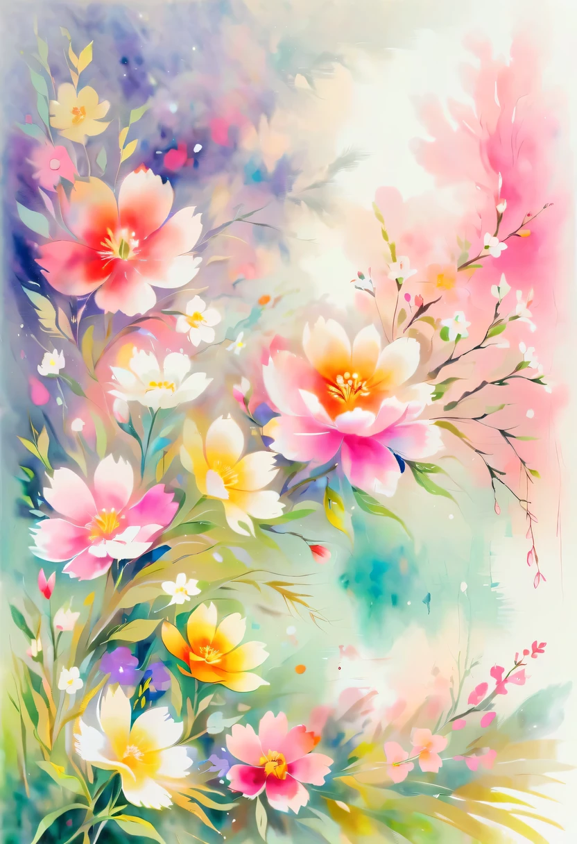 pastel tones,Light style,cozy calm,nature,warm and comfortable,garden,This watercolor floral painting shows a beautiful scene of wildflowers and peach blossoms in a field。The screen is dominated by a white background,Highlights the bright colors of flowers。Use splatter techniques,Reproduces the humid atmosphere。Abstract compositions blend with surreal elements,Create a unique visual effect。Light tones、Pale pink and light green color scheme,and high-resolution details,Shows the vitality and vitality of flowers。The ink splash effect adds to the dynamics of the picture.。In general,This painting is painted in pale tones,Presenting a beautiful watercolor flower painting。