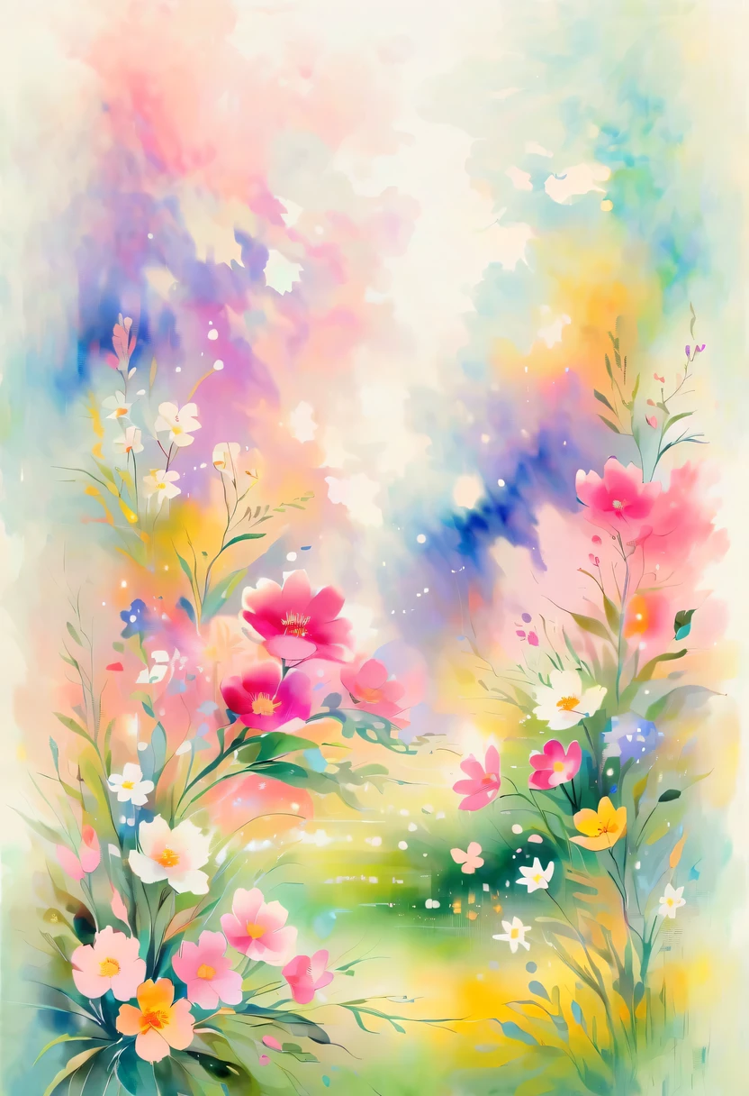 pastel tones，Light style，cozy calm，nature，warm and comfortable，garden，This watercolor floral painting shows a beautiful scene of wildflowers and peach blossoms in a field。The screen is dominated by a white background，Highlights the bright colors of flowers。Use splatter techniques，Reproduces the humid atmosphere。Abstract compositions blend with surreal elements，Create a unique visual effect。Light tones、Pale pink and light green color scheme，and high-resolution details，Shows the vitality and vitality of flowers。The ink splash effect adds to the dynamics of the picture.。In general，This painting is painted in pale tones，Presenting a beautiful watercolor flower painting。