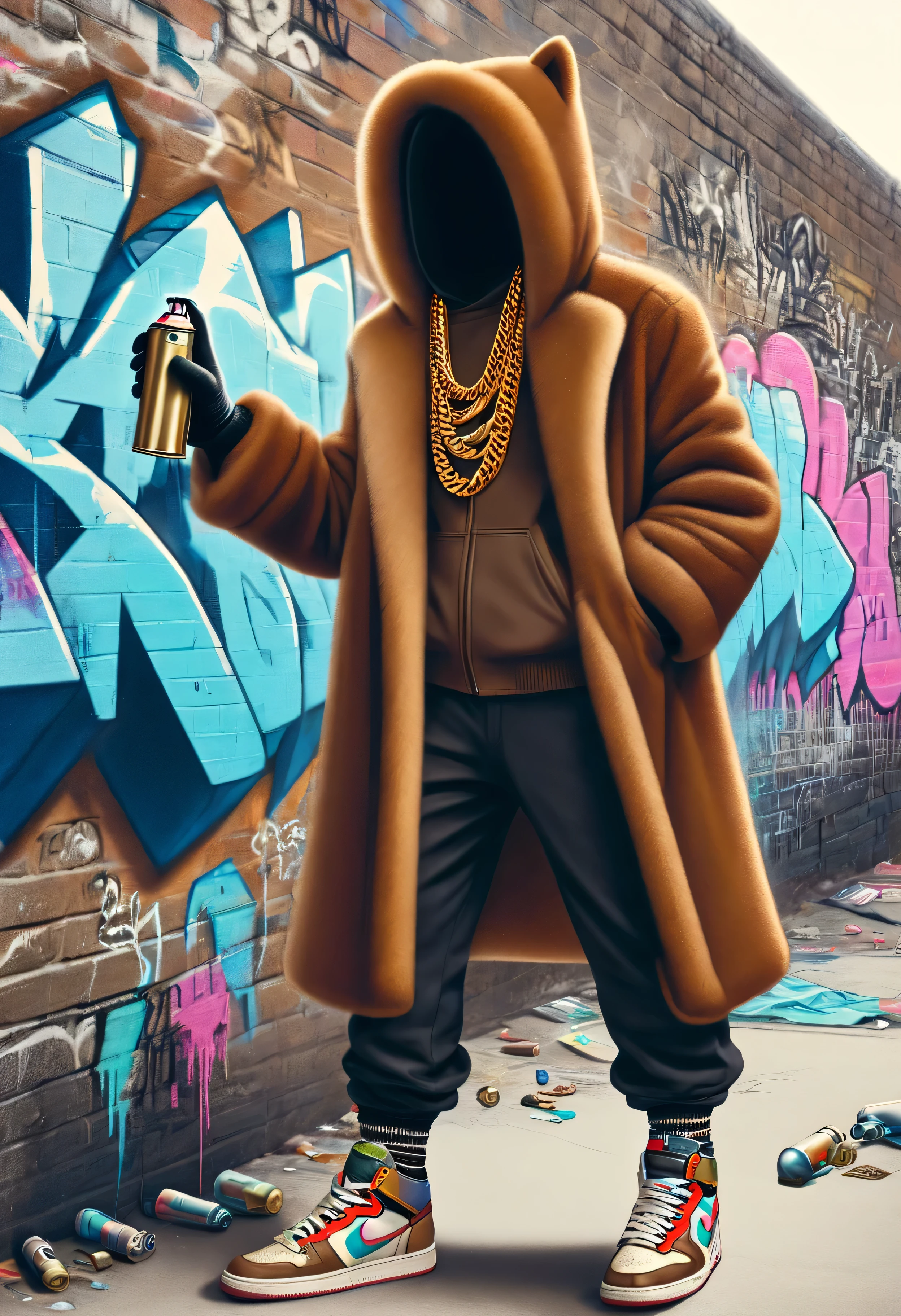 a spraycan in a fur coat electricboogaloostyle, no face, solo, gloves, long sleeves, holding, jewelry, standing, full body, shoes, black gloves, socks, pants, hood, necklace, coat, chain, sneakers, hood up, wall, brown coat, hooded coat, graffiti, spray can