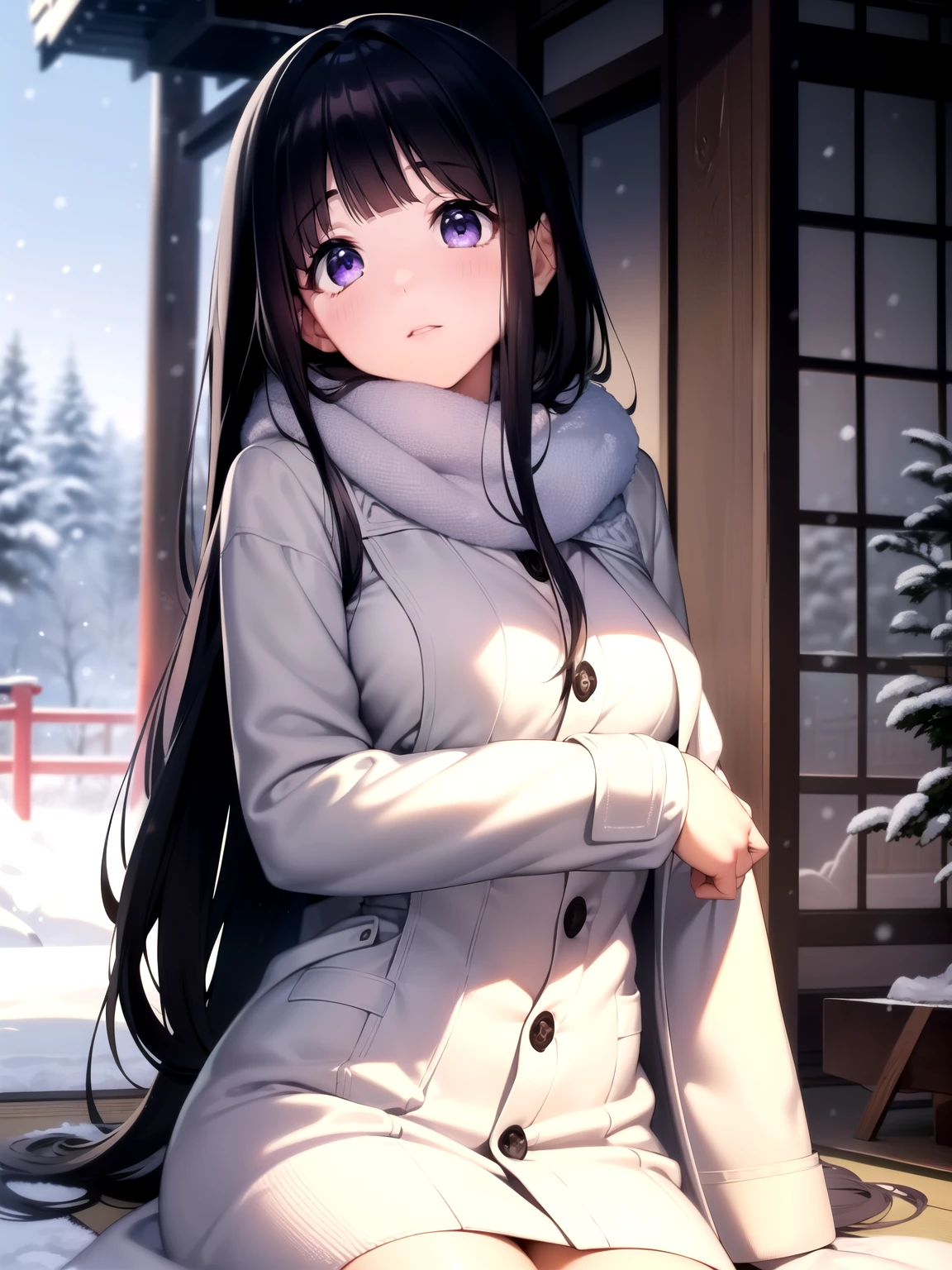 (A superb exquisite Chitanda Eru), (mature face), purple eyes, long black hair, natural straight hair, straight bangs, solo, [Small_breasts: large_breasts: 0.5], normal breasts, (((longcoat, muffler, winter temple, japan))), extremely delicate, peerless beautiful girl, dreamy quality, exaggerated facial features, solid color, delicate face, bright lips, slender waist, straight curves, soft lights and shadows, super fine, 8K HD, (masterpiece:1.4), (finely detailed beautiful eyes: 1.2)