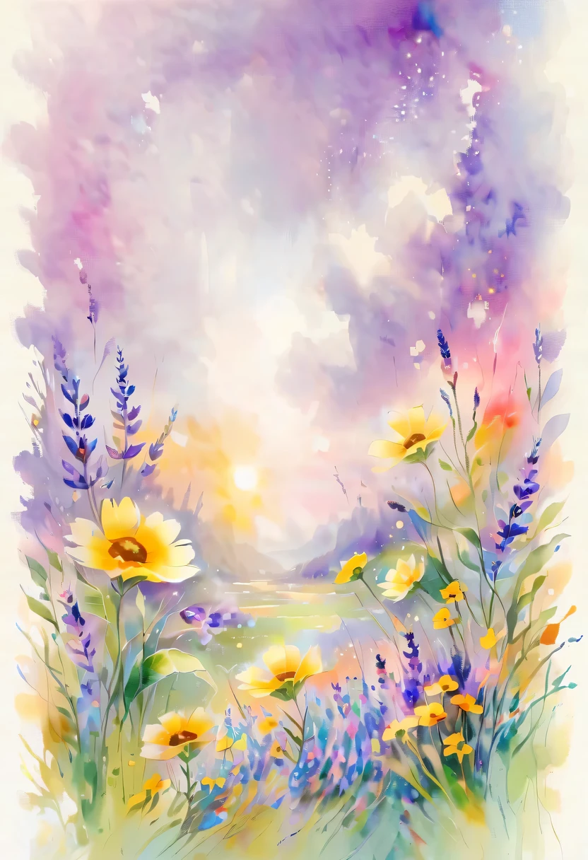 pastel tones，Light style，cozy calm，nature，warm and comfortable，garden，This watercolor floral painting shows a beautiful scene of wildflowers and lavender in a field。The screen is dominated by a white background，Highlights the bright colors of flowers。Use splatter techniques，Reproduces the humid atmosphere。Abstract compositions blend with surreal elements，Create a unique visual effect。Light tones、Lilac and light green color scheme，and high-resolution details，Shows the vitality and vitality of flowers。The ink splash effect adds to the dynamics of the picture.。In general，This painting is painted in pale tones，Presenting a beautiful watercolor flower painting。
