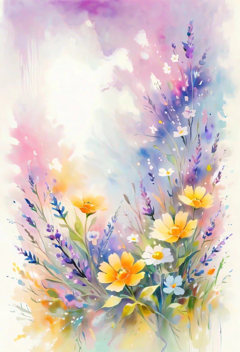 pastel tones,Light style,cozy calm,nature,warm and comfortable,garden,This watercolor floral painting shows a beautiful scene of wildflowers and lavender in a field。The screen is dominated by a white background,Highlights the bright colors of flowers。Use splatter techniques,Reproduces the humid atmosphere。Abstract compositions blend with surreal elements,Create a unique visual effect。Light tones、Lilac and light green color scheme,and high-resolution details,Shows the vitality and vitality of flowers。The ink splash effect adds to the dynamics of the picture.。In general,This painting is painted in pale tones,Presenting a beautiful watercolor flower painting。