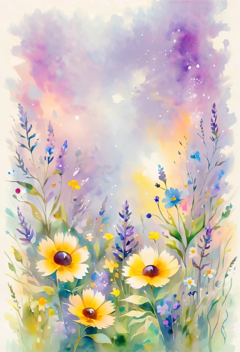 pastel tones，Light style，cozy calm，nature，warm and comfortable，garden，This watercolor floral painting shows a beautiful scene of wildflowers and lavender in a field。The screen is dominated by a white background，Highlights the bright colors of flowers。Use splatter techniques，Reproduces the humid atmosphere。Abstract compositions blend with surreal elements，Create a unique visual effect。Light tones、Lilac and light green color scheme，and high-resolution details，Shows the vitality and vitality of flowers。The ink splash effect adds to the dynamics of the picture.。In general，This painting is painted in pale tones，Presenting a beautiful watercolor flower painting。