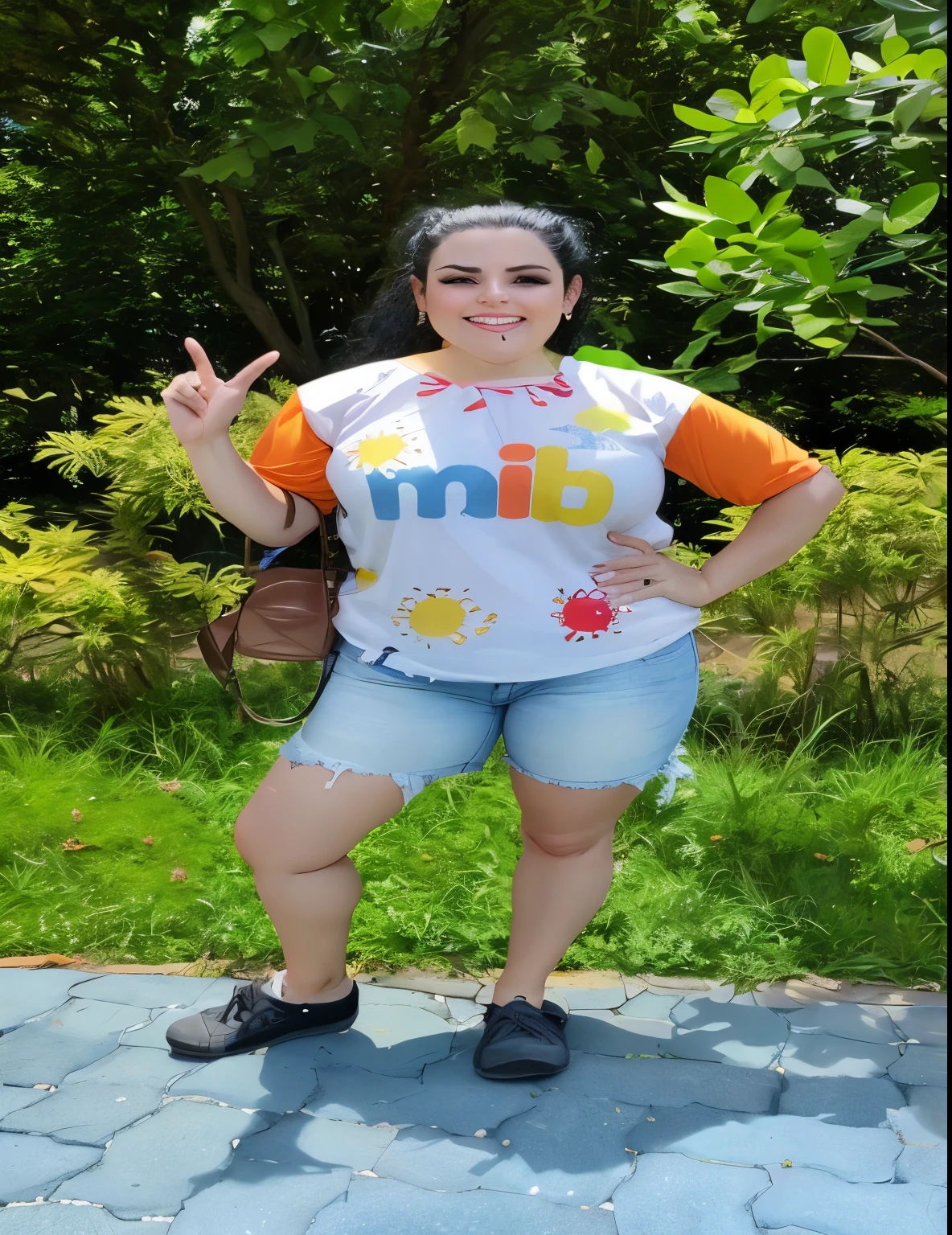 Crie um personagem no estilo Disney Pixar de uma mulher de 31 anos magra, radiante, magra, cabelos longos e preto presos, vestindo uma blusa branca com mangas curta na cor laranja, denim shorts and black sneakers, with a grassy backdrop in the background.
