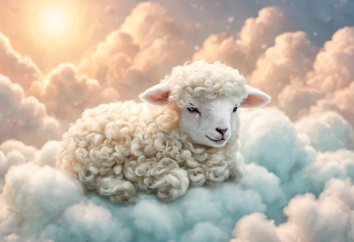 (best quality, 4k, 8k, high resolution, masterpiece: 1.2), ultra detailed, (realistic, photorealistic: 1.37), a baby sheep sleeping among cotton clouds, magnificent fantasy lighting, tale of the ethereal little sheep, fantasy setting with a sea of ​​cotton clouds, (in very soft color tones: 1.32),