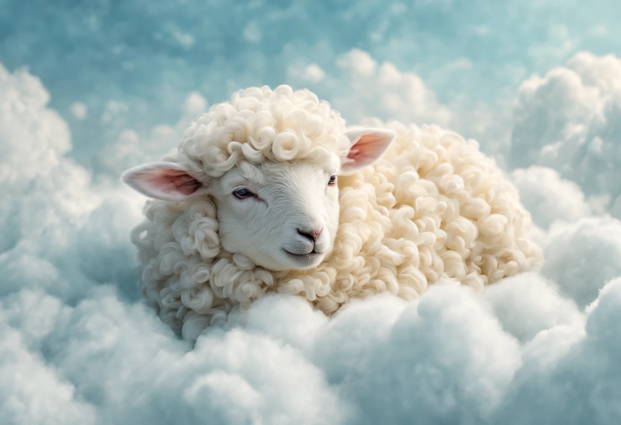 (best quality, 4k, 8k, high resolution, masterpiece: 1.2), ultra detailed, (realistic, photorealistic: 1.37), a baby sheep sleeping among cotton clouds, magnificent fantasy lighting, tale of the ethereal little sheep, fantasy setting with a sea of ​​cotton clouds, (in very soft color tones: 1.32),