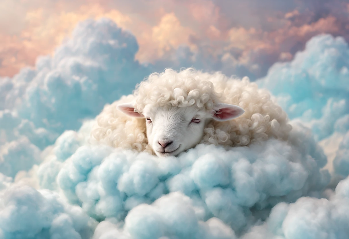 (best quality, 4k, 8k, high resolution, masterpiece: 1.2), ultra detailed, (realistic, photorealistic: 1.37), a baby sheep sleeping among cotton clouds, magnificent fantasy lighting, tale of the ethereal little sheep, fantasy setting with a sea of ​​cotton clouds, (in very soft color tones: 1.32),