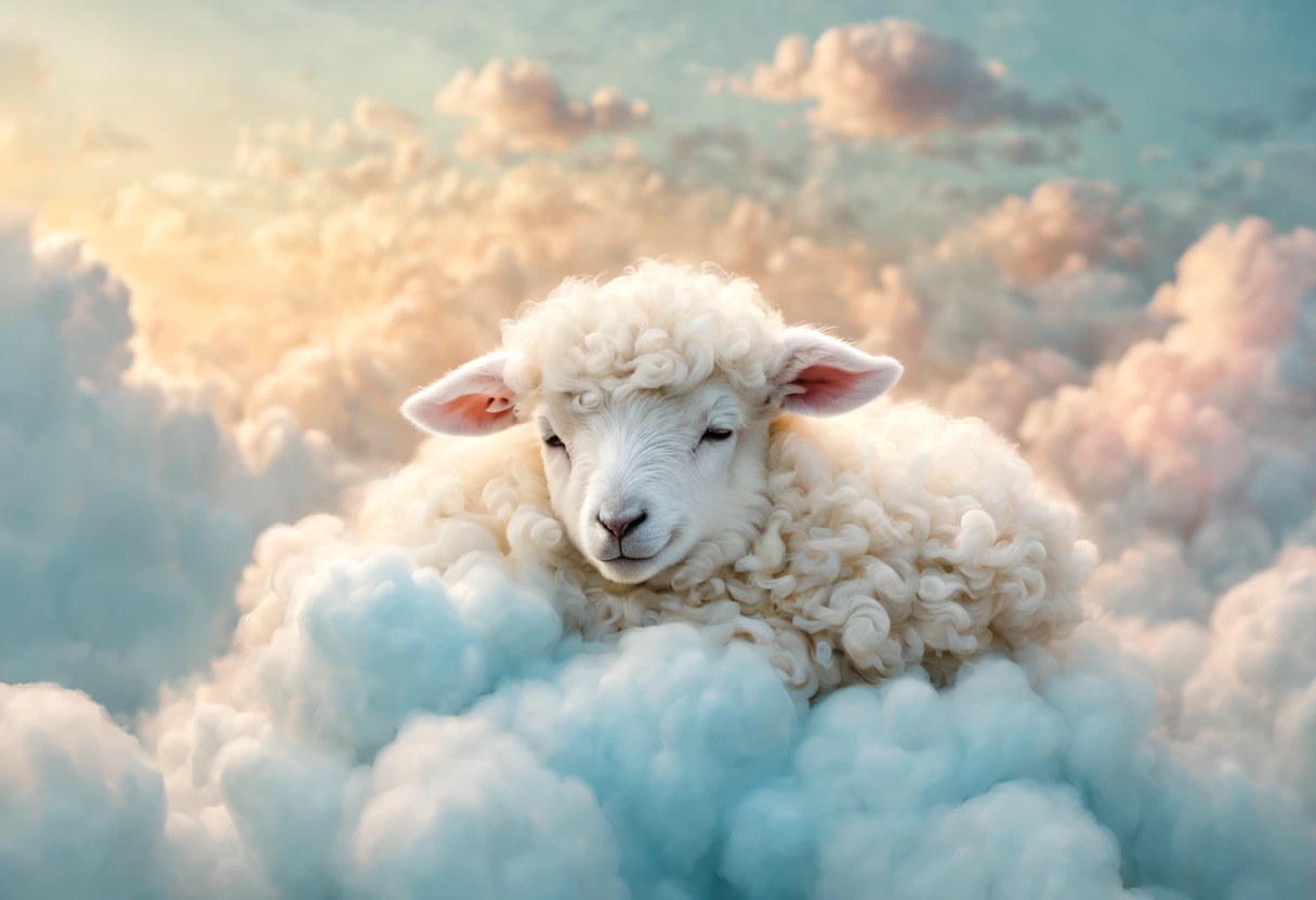 (best quality, 4k, 8k, high resolution, masterpiece: 1.2), ultra detailed, (realistic, photorealistic: 1.37), a baby sheep sleeping among cotton clouds, magnificent fantasy lighting, tale of the ethereal little sheep, fantasy setting with a sea of ​​cotton clouds, (in very soft color tones: 1.32),