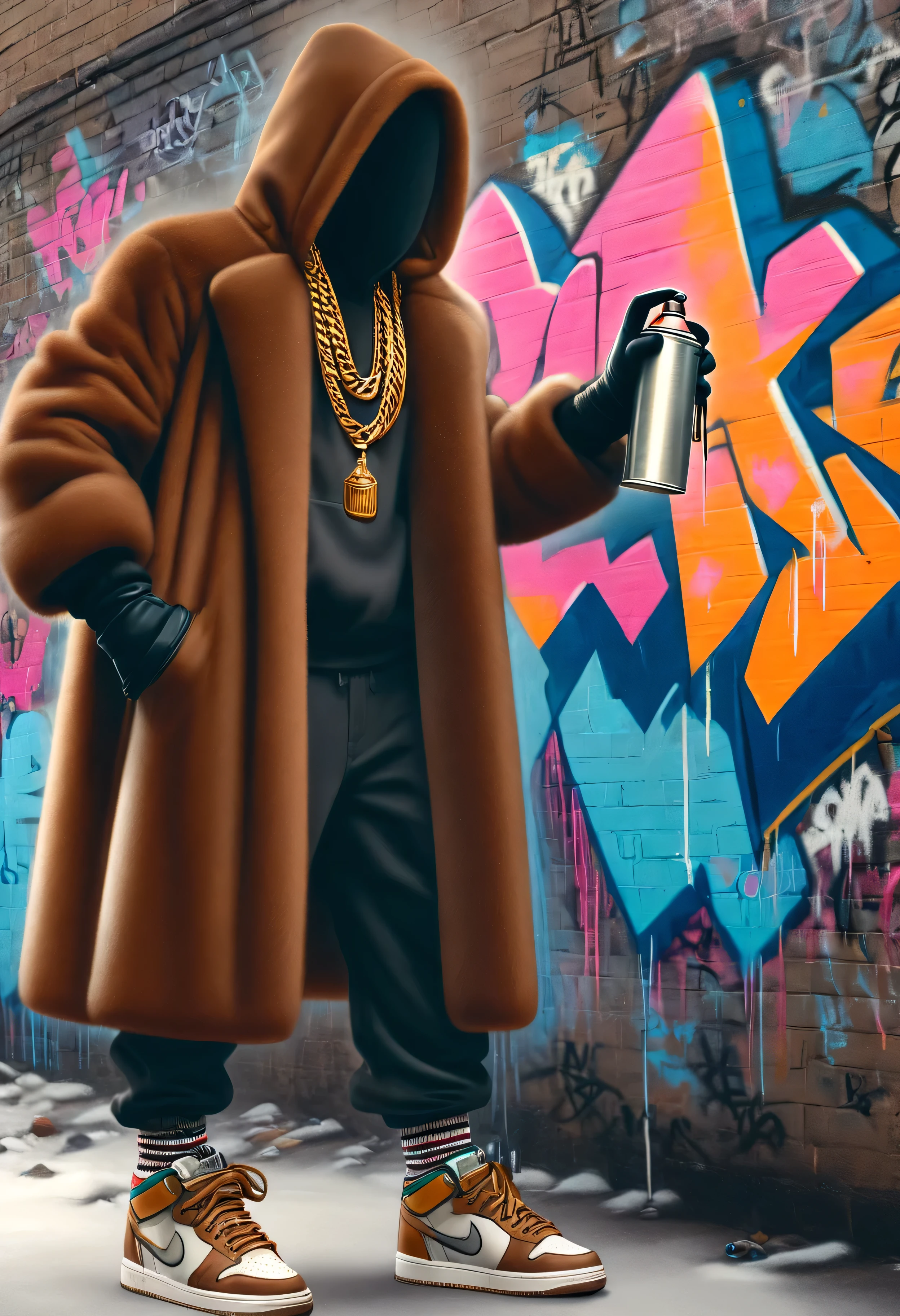 a spraycan in a fur coat electricboogaloostyle, no face, solo, gloves, long sleeves, holding, jewelry, standing, full body, shoes, black gloves, socks, pants, hood, necklace, coat, chain, sneakers, hood up, wall, brown coat, hooded coat, graffiti, spray can