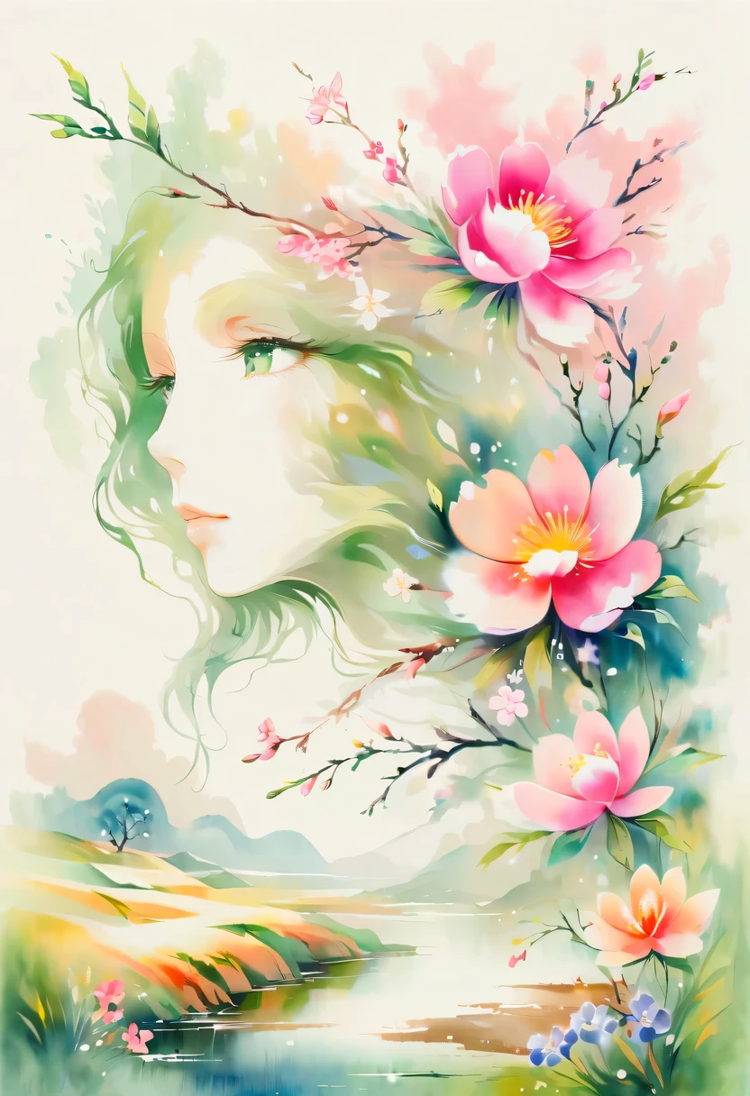 柔和色调，淡雅风格，舒适宁静，自然，温馨舒适，花园，This watercolor flower painting shows an elegant and fresh visual effect。Wild flowers and peach blossoms intertwined in the fields，Forming the perfect combination of nature and romance。The screen is dominated by a white background，Highlight isolated watercolor flower。Splash technology recreates wet conditions，The atmosphere seems vague and dreamy。Unique compositions and abstract representation add to the artistic feel of the picture，Contains elements of surrealism。The overall color tone is mainly light tones，Pale pink and green complement each other，Reveal high-resolution details。The ink splash effect adds a touch of agility to the picture，The pale color gives the flowers a deep and restrained beauty.。