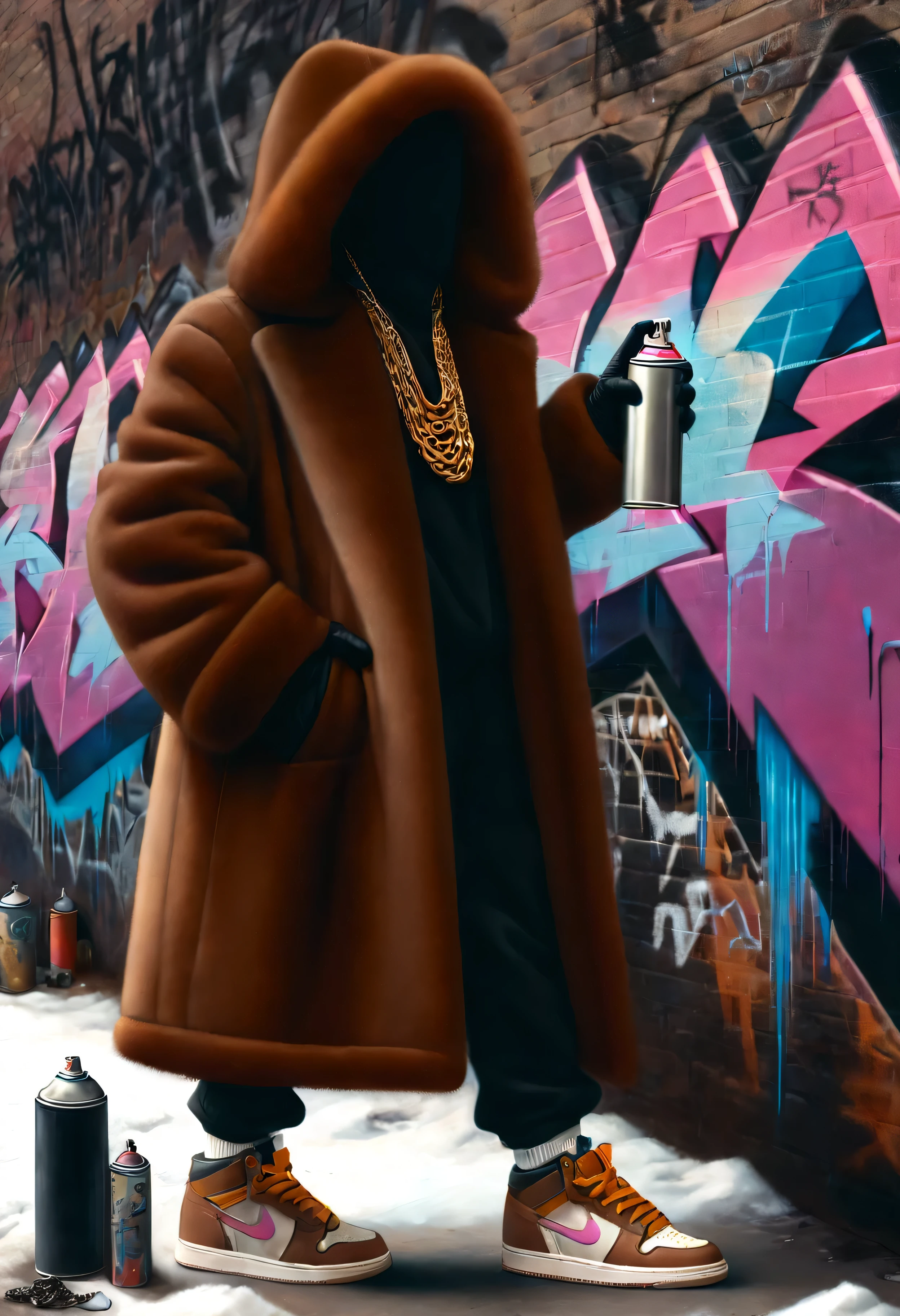 a spraycan in a fur coat electricboogaloostyle, no face, solo, gloves, long sleeves, holding, jewelry, standing, full body, shoes, black gloves, socks, pants, hood, necklace, coat, chain, sneakers, hood up, wall, brown coat, hooded coat, graffiti, spray can