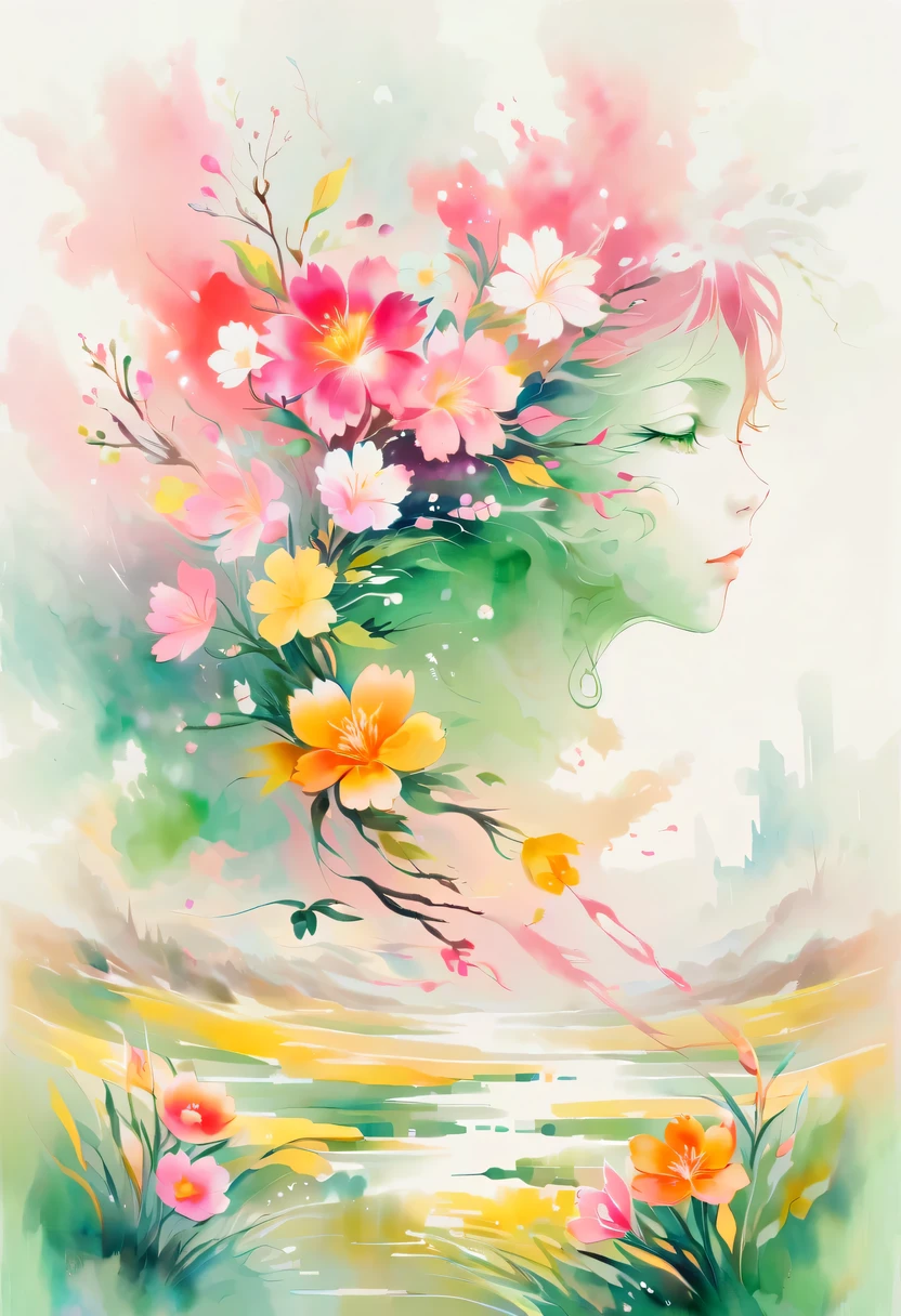 柔和色调，淡雅风格，舒适宁静，自然，温馨舒适，花园，This watercolor flower painting shows an elegant and fresh visual effect。Wild flowers and peach blossoms intertwined in the fields，Forming the perfect combination of nature and romance。The screen is dominated by a white background，Highlight isolated watercolor flower。Splash technology recreates wet conditions，The atmosphere seems vague and dreamy。Unique compositions and abstract representation add to the artistic feel of the picture，Contains elements of surrealism。The overall color tone is mainly light tones，Pale pink and green complement each other，Reveal high-resolution details。The ink splash effect adds a touch of agility to the picture，The pale color gives the flowers a deep and restrained beauty.。