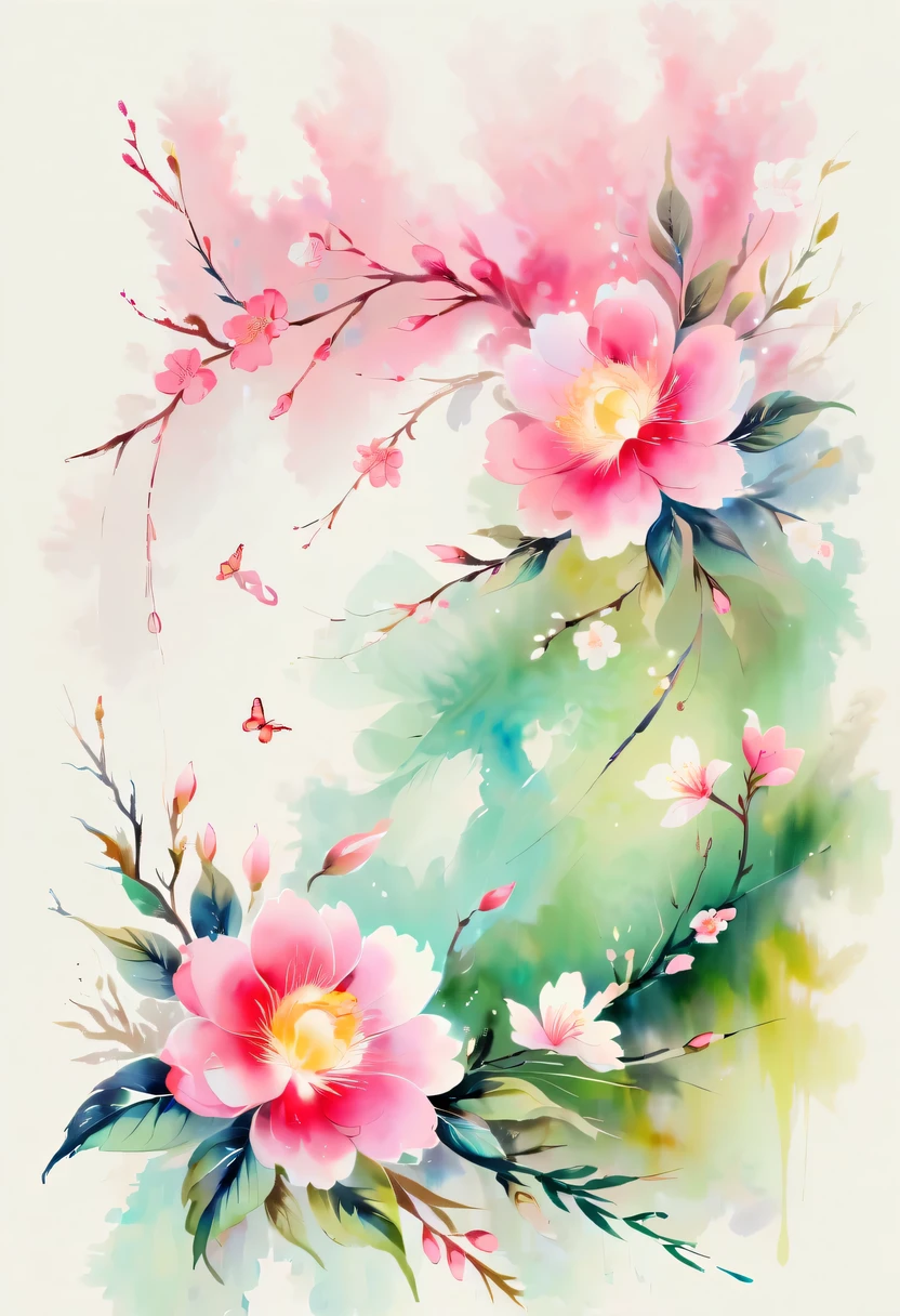 柔和色调，淡雅风格，舒适宁静，自然，温馨舒适，花园，This watercolor flower painting shows an elegant and fresh visual effect。Fields of wildflowers and lavender，Forming the perfect combination of nature and romance。The screen is dominated by a white background，Highlight isolated watercolor flower。Splash technology recreates wet conditions，The atmosphere seems vague and dreamy。Unique compositions and abstract representation add to the artistic feel of the picture，Contains elements of surrealism。The overall color tone is mainly light tones，Lilac and green complement each other beautifully，Reveal high-resolution details。The ink splash effect adds a touch of agility to the picture，The pale color gives the flowers a deep and restrained beauty.。
