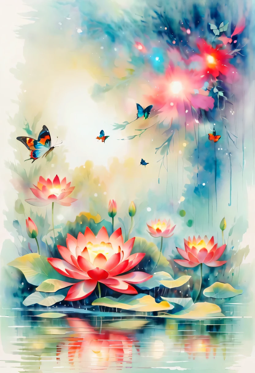 柔和色调，淡雅风格，舒适宁静，自然，温馨舒适，花园，This abstract watercolor flower painting shows a light and refreshing visual effect。Lotus flowers and butterflies intertwined in the lake，Forming the perfect combination of nature and romance。The screen is dominated by a white background，Highlight isolated watercolor flower。Splash technology recreates wet conditions，The atmosphere seems vague and dreamy。Unique compositions and abstract representation add to the artistic feel of the picture，Contains elements of surrealism。The overall color tone is mainly light tones，Red and gold complement each other，Reveal high-resolution details。The ink splash effect adds a touch of agility to the picture，The pale color gives the flowers a deep and restrained beauty.
