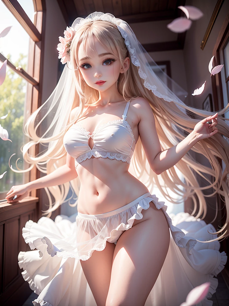 bridal beauty，White，Refined face，long hair，bathroom，Bridal veil，Lolita，float，Wind magic，flying petals，Floating hair，Tulle transparent clothing
，belly dance，Wet clothing，，Bare crotch，Exposing the upper part of the mons pubis and thick hair，thigh