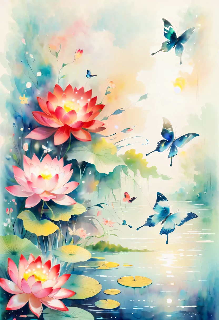 柔和色调，淡雅风格，舒适宁静，自然，温馨舒适，花园，This abstract watercolor flower painting shows a light and refreshing visual effect。Lotus flowers and butterflies intertwined in the lake，Forming the perfect combination of nature and romance。The screen is dominated by a white background，Highlight isolated watercolor flower。Splash technology recreates wet conditions，The atmosphere seems vague and dreamy。Unique compositions and abstract representation add to the artistic feel of the picture，Contains elements of surrealism。The overall color tone is mainly light tones，Red and gold complement each other，Reveal high-resolution details。The ink splash effect adds a touch of agility to the picture，The pale color gives the flowers a deep and restrained beauty.
