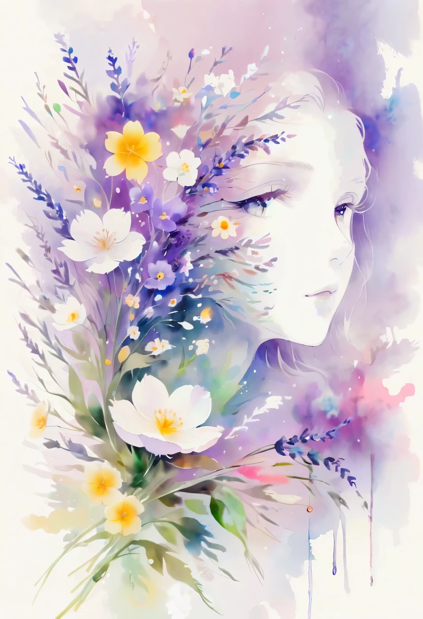 柔和色调，淡雅风格，舒适宁静，自然，温馨舒适，花园，This watercolor flower painting shows an elegant and fresh visual effect。Fields of wildflowers and lavender，Forming the perfect combination of nature and romance。The screen is dominated by a white background，Highlight isolated watercolor flower。Splash technology recreates wet conditions，The atmosphere seems vague and dreamy。Unique compositions and abstract representation add to the artistic feel of the picture，Contains elements of surrealism。The overall color tone is mainly light tones，Lilac and green complement each other beautifully，Reveal high-resolution details。The ink splash effect adds a touch of agility to the picture，The pale color gives the flowers a deep and restrained beauty.。