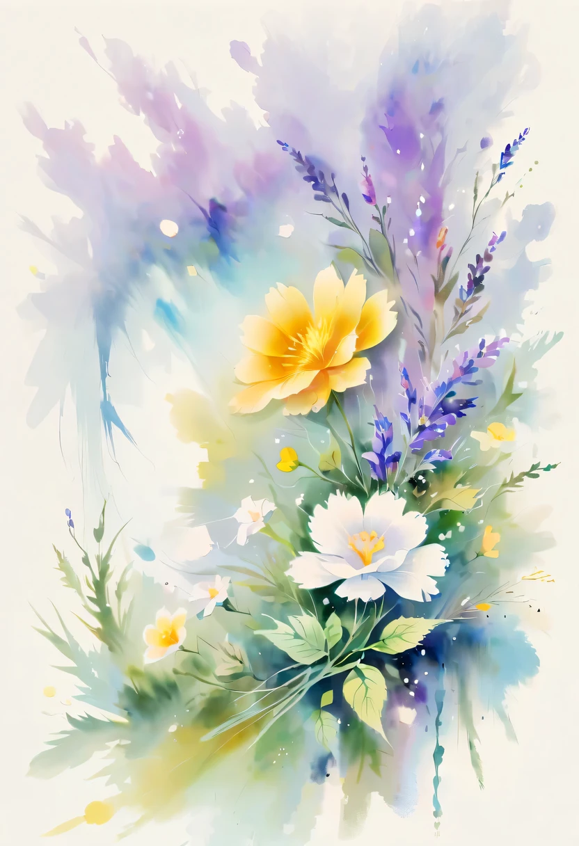 柔和色调,淡雅风格,舒适宁静,自然,温馨舒适,花园,This watercolor flower painting shows an elegant and fresh visual effect。Fields of wildflowers and lavender,Forming the perfect combination of nature and romance。The screen is dominated by a white background,Highlight isolated watercolor flower。Splash technology recreates wet conditions,The atmosphere seems vague and dreamy。Unique compositions and abstract representation add to the artistic feel of the picture,Contains elements of surrealism。The overall color tone is mainly light tones,Lilac and green complement each other beautifully,Reveal high-resolution details。The ink splash effect adds a touch of agility to the picture,The pale color gives the flowers a deep and restrained beauty.。