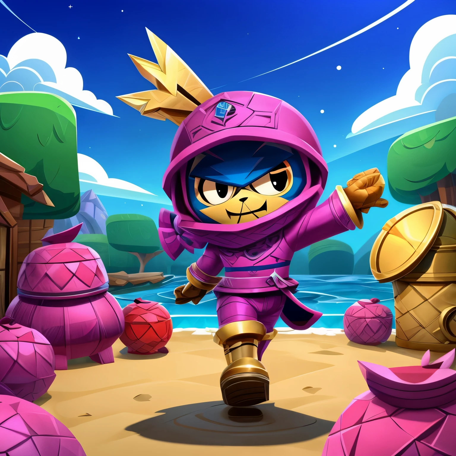 L’image reprendrait l’univers du jeu vidéo brawlstars dans un style cartoon. On doit pouvoir distinguer 4 personnages côte à côte qui sont des personnages du jeu