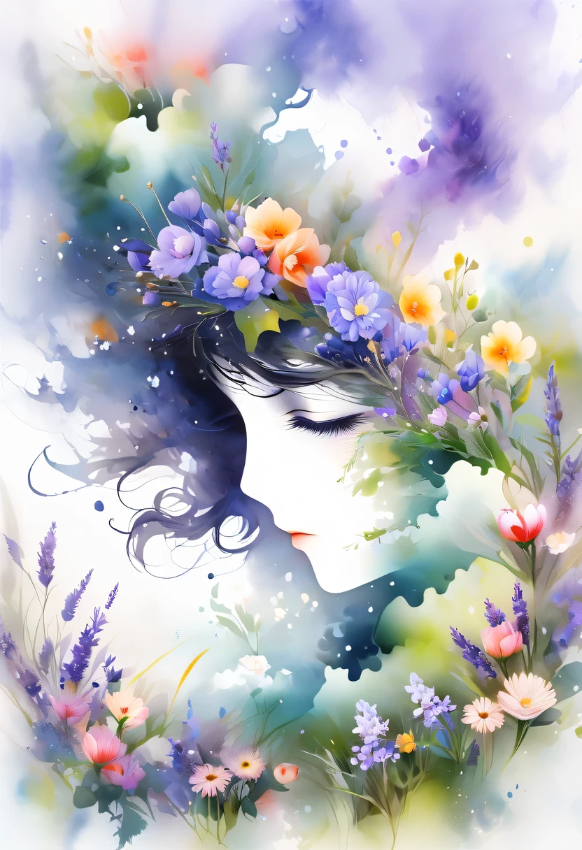 柔和色调,淡雅风格,舒适宁静,自然,温馨舒适,花园,This watercolor flower painting shows an elegant and fresh visual effect。Fields of wildflowers and lavender,Forming the perfect combination of nature and romance。The screen is dominated by a white background,Highlight isolated watercolor flower。Splash technology recreates wet conditions,The atmosphere seems vague and dreamy。Unique compositions and abstract representation add to the artistic feel of the picture,Contains elements of surrealism。The overall color tone is mainly light tones,Lilac and green complement each other beautifully,Reveal high-resolution details。The ink splash effect adds a touch of agility to the picture,The pale color gives the flowers a deep and restrained beauty.。
