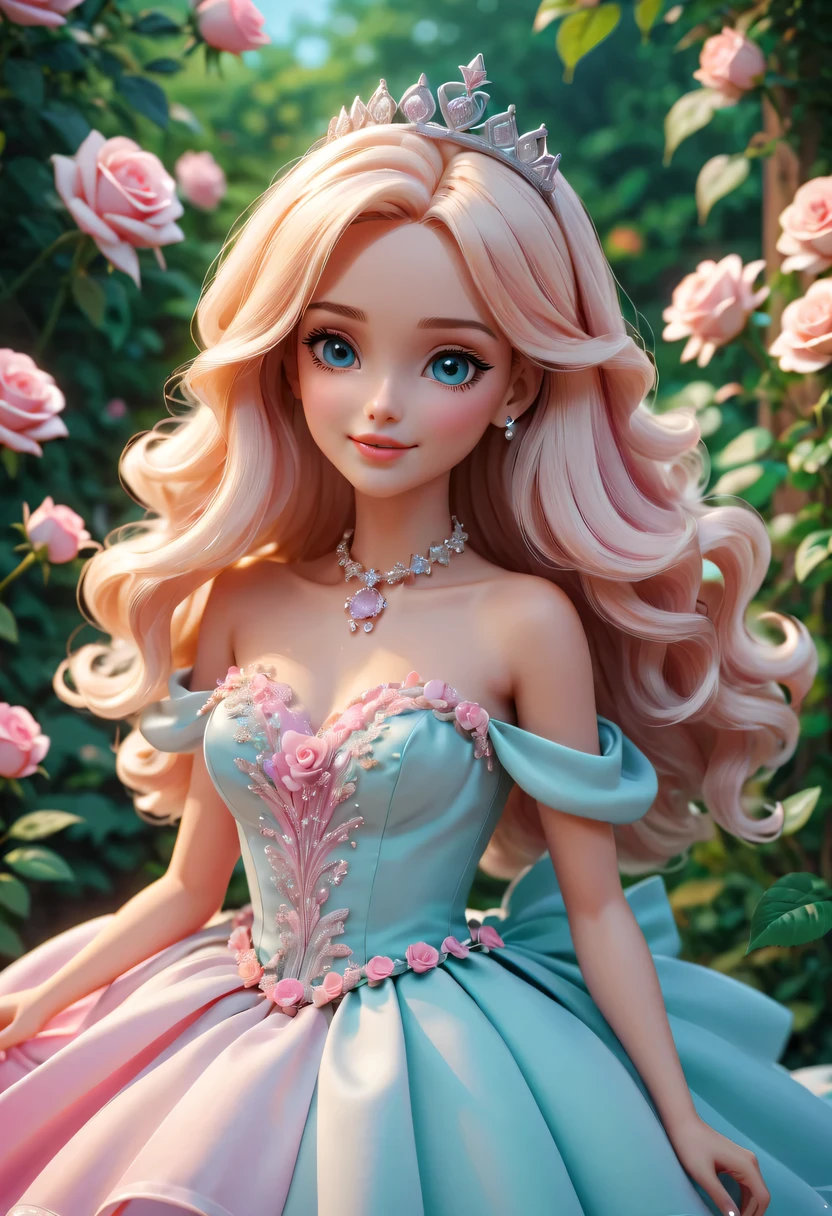 pastel tones,Light style,cozy calm,nature,warm and comfortable,garden,Beauty,There is a doll in a prom dress, anime barbie in white,Pink rose space, Anime princess, princess portrait, blond-haired princess, kindly smile, Animated illustration, Disney style, Pixar style, OC Render,Kushatt Krenz Key Art Women, 3 d render stylized, 3 D rendering character art 8 K, Cute detailed digital art, anime styled 3d,Masterpiece, Super detailed, Epic composition, Highest quality,