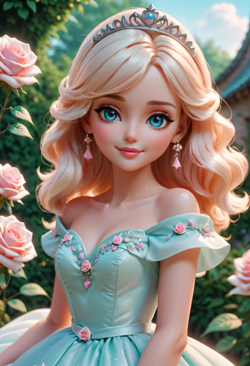 pastel tones,Light style,cozy calm,nature,warm and comfortable,garden,Beauty,There is a doll in a prom dress, anime barbie in white,Pink rose space, Anime princess, princess portrait, blond-haired princess, kindly smile, Animated illustration, Disney style, Pixar style, OC Render,Kushatt Krenz Key Art Women, 3 d render stylized, 3 D rendering character art 8 K, Cute detailed digital art, anime styled 3d,Masterpiece, Super detailed, Epic composition, Highest quality,