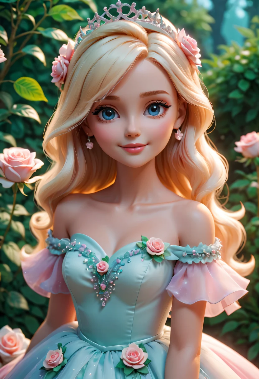 pastel tones，Light style，cozy calm，nature，warm and comfortable，garden，Beauty，There is a doll in a prom dress, anime barbie in white,Pink rose space,  Anime princess, princess portrait, blond-haired princess, kindly smile, Animated illustration, Disney style, Pixar style, OC Render，Kushatt Krenz Key Art Women, 3 d render stylized, 3 D rendering character art 8 K, Cute detailed digital art,  anime styled 3d，Masterpiece, Super detailed, Epic composition, Highest quality，