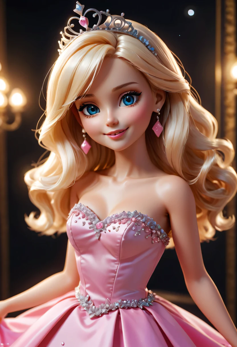 There is a doll in a prom dress, anime barbie in white,Pink rose space, Anime princess, princess portrait, blond-haired princess, kindly smile, Animated illustration, Disney style, Pixar style, OC Render,Kushatt Krenz Key Art Women, 3 d render stylized, 3 D rendering character art 8 K, Cute detailed digital art, anime styled 3d,Masterpiece, Super detailed, Epic composition, Highest quality,