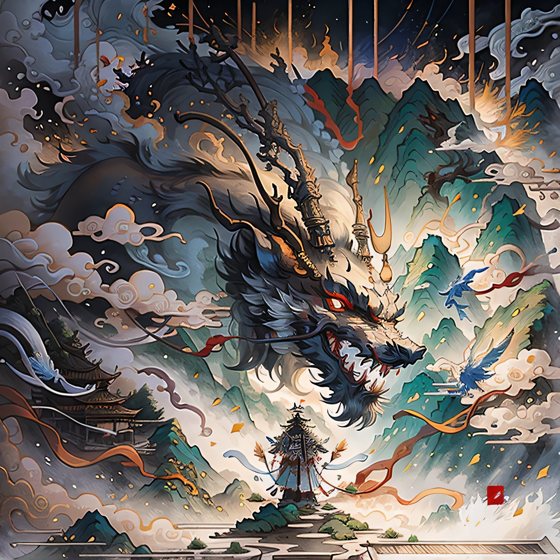 Samurai standing on the mountain with sword, chinesedragon，An ancient Chinese painting， ancient chinese background， mountain ranges， rios， Auspicious clouds， Pavilions， rays of sunshine， tmasterpiece， super detailing， Epic composition， hyper HD， high qulity， extremely detaile， offcial art， 统一 8k 壁纸， super detailing