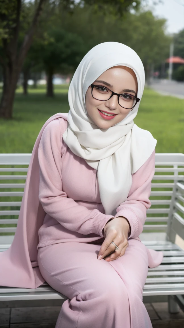 photography, young woman with smile face, long pastel white hijab with sweatshirt, wide-frame glasses, big breasts, sitting on the bench by the beach while seductively looking at me, tilted her head, perfect fingers, perfect hands, perfect body, perfect beautiful face, white teeth, close up, flirting with viewer, haired hands, background digital art graffiti on black wall, ultra details any aspect of drawing, UHD 8K