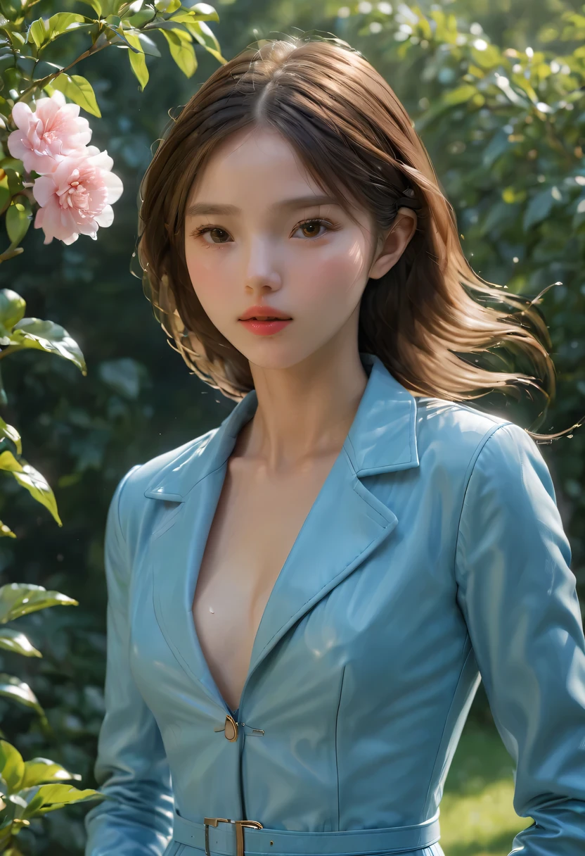 (best quality,4k,8k,highres,masterpiece:1.2),ultra-detailed,(realistic,photorealistic,photo-realistic:1.37),soothing color palette,subtle elegance,cozy and tranquil atmosphere,natural elements,serene and comfortable setting,a beautiful girl surrounded by picturesque garden，1个girl, Blue leather coat, girl, medium breasts, Uniforms, portrait, simple background,  