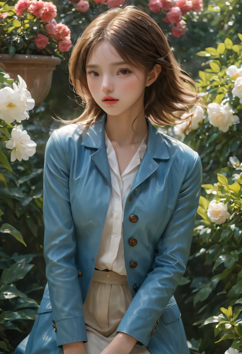 (best quality,4k,8k,highres,masterpiece:1.2),ultra-detailed,(realistic,photorealistic,photo-realistic:1.37),soothing color palette,subtle elegance,cozy and tranquil atmosphere,natural elements,serene and comfortable setting,a beautiful girl surrounded by picturesque garden，1个girl, Blue leather coat, girl, medium breasts, Uniforms, portrait, simple background,  