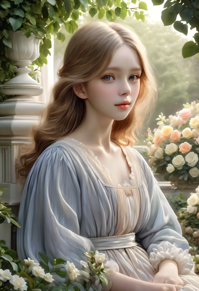 (best quality,4k,8k,highres,masterpiece:1.2),ultra-detailed,(realistic,photorealistic,photo-realistic:1.37),soothing color palette,subtle elegance,cozy and tranquil atmosphere,natural elements,serene and comfortable setting,a beautiful girl surrounded by picturesque garden