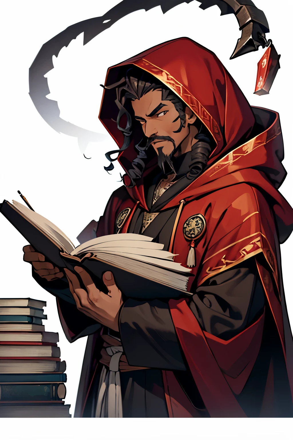 anime highest quality, front facing, hooded shrouded male figure, dark brown tightly curls coils afro hairstyle, mocha skin, serious expression, goatee, mustache, dark red robes with the hood up, hand outstretched with a dice in the palm, books, ink, quill stack of parchment and neatly tied scrolls on top of the desk, simple white background