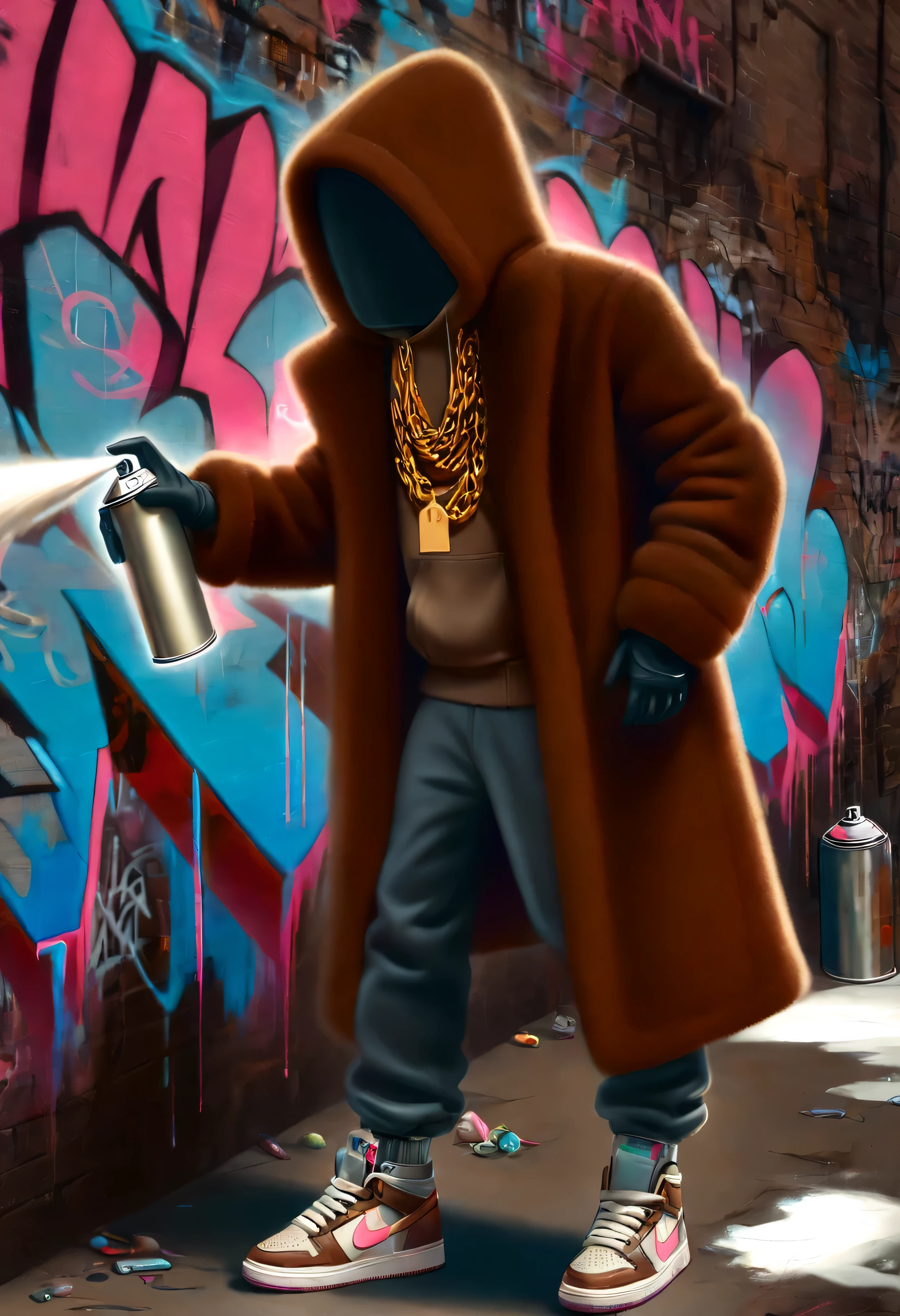 electricboogaloostyle, no face, solo, gloves, jewelry, standing, full body, shoes, pants, hood, necklace, coat, chain, sneakers, faceless, brown coat, faceless female, graffiti, spray can