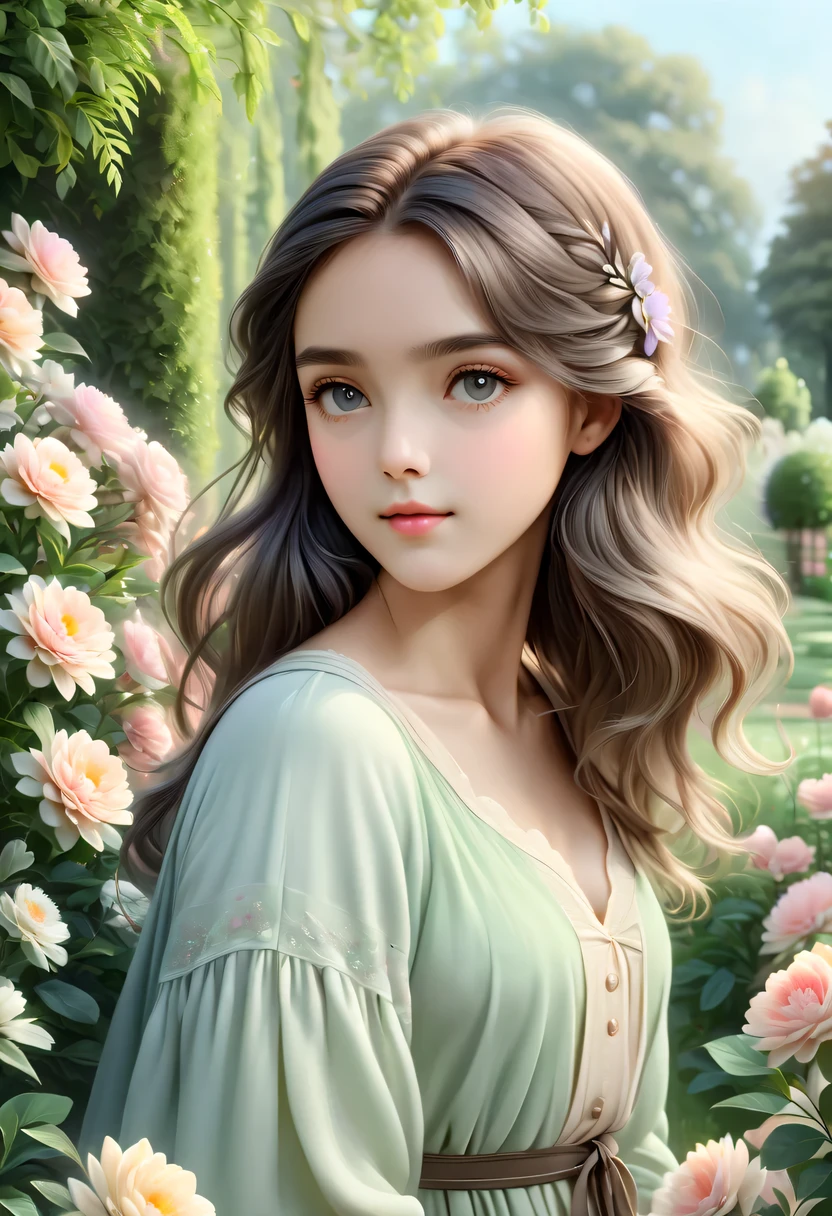 (best quality,highres,masterpiece:1.2),ultra-detailed,realistic,(soft and gentle color tones,subtle color palette:1.1),peaceful atmosphere,serene environment,harmonious blend of nature,comfortable and cozy setting,garden,beautiful girl