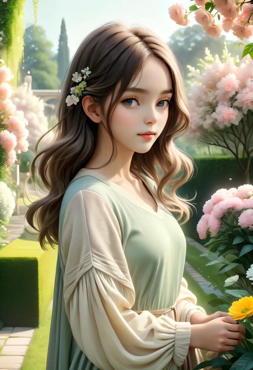 (best quality,highres,masterpiece:1.2),ultra-detailed,realistic,(soft and gentle color tones,subtle color palette:1.1),peaceful atmosphere,serene environment,harmonious blend of nature,comfortable and cozy setting,garden,beautiful girl