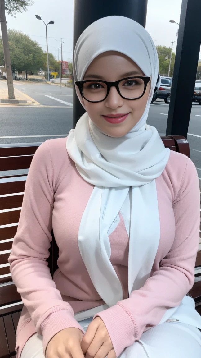 photography, young woman with smile face, long pastel white hijab with sweatshirt, wide-frame glasses, big breasts, sitting on the bench by the beach while seductively looking at me, tilted her head, perfect fingers, perfect hands, perfect body, perfect beautiful face, white teeth, close up, flirting with viewer, haired hands, background digital art graffiti on black wall, ultra details any aspect of drawing, UHD 8K