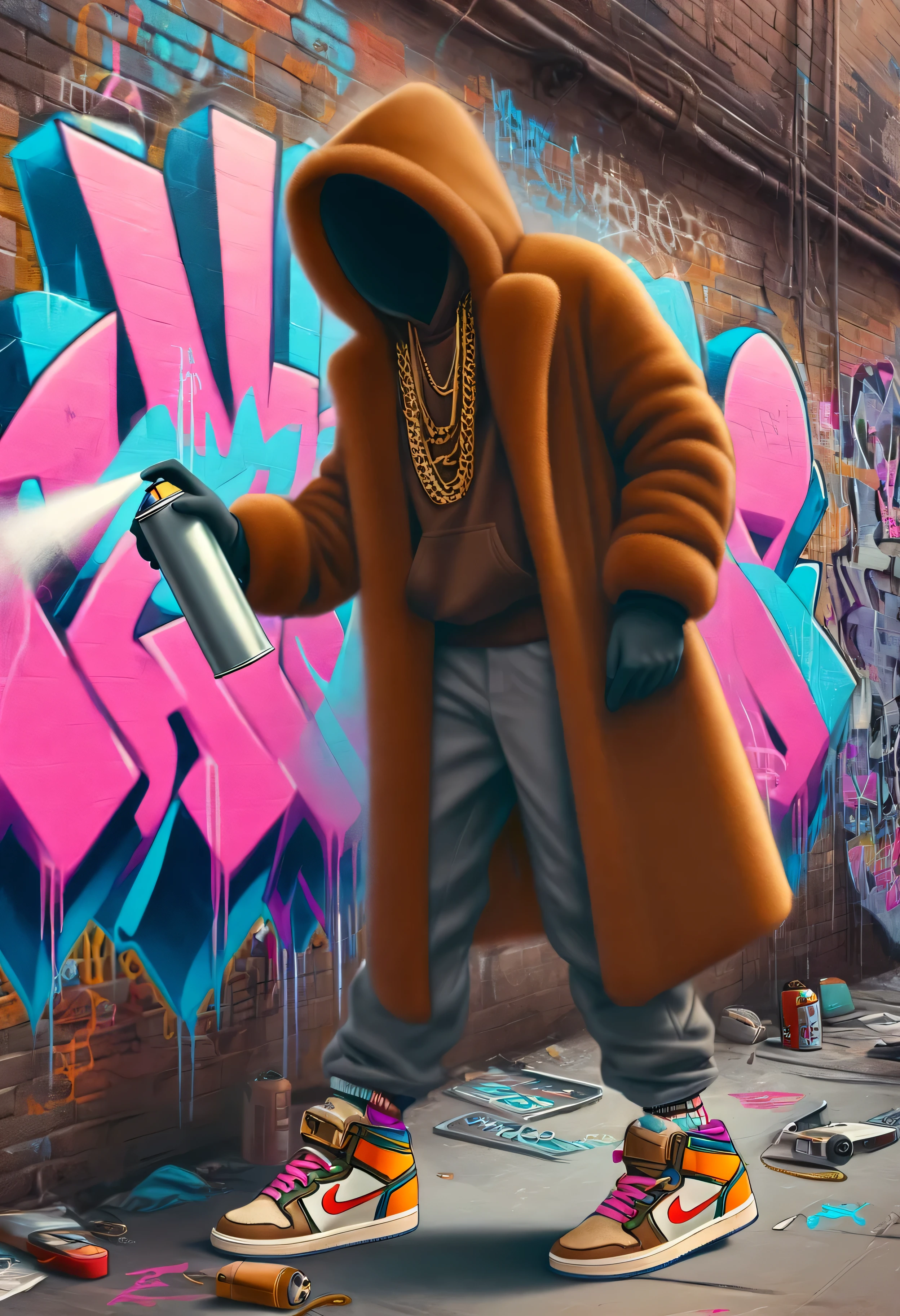 electricboogaloostyle, no face, solo, gloves, jewelry, standing, full body, shoes, pants, hood, necklace, coat, chain, sneakers, faceless, brown coat, faceless female, graffiti, spray can