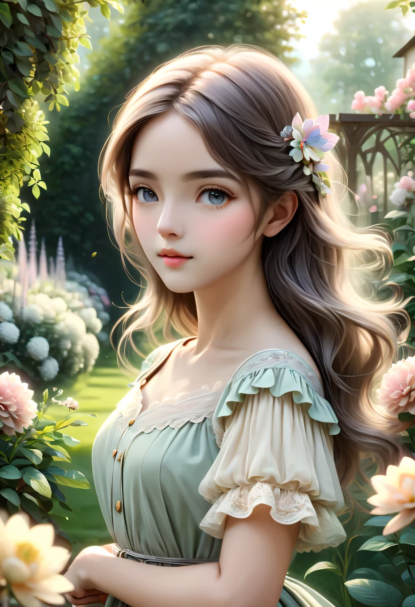 (best quality,highres,masterpiece:1.2),ultra-detailed,realistic,(soft and gentle color tones,subtle color palette:1.1),peaceful atmosphere,serene environment,harmonious blend of nature,comfortable and cozy setting,garden,beautiful girl
