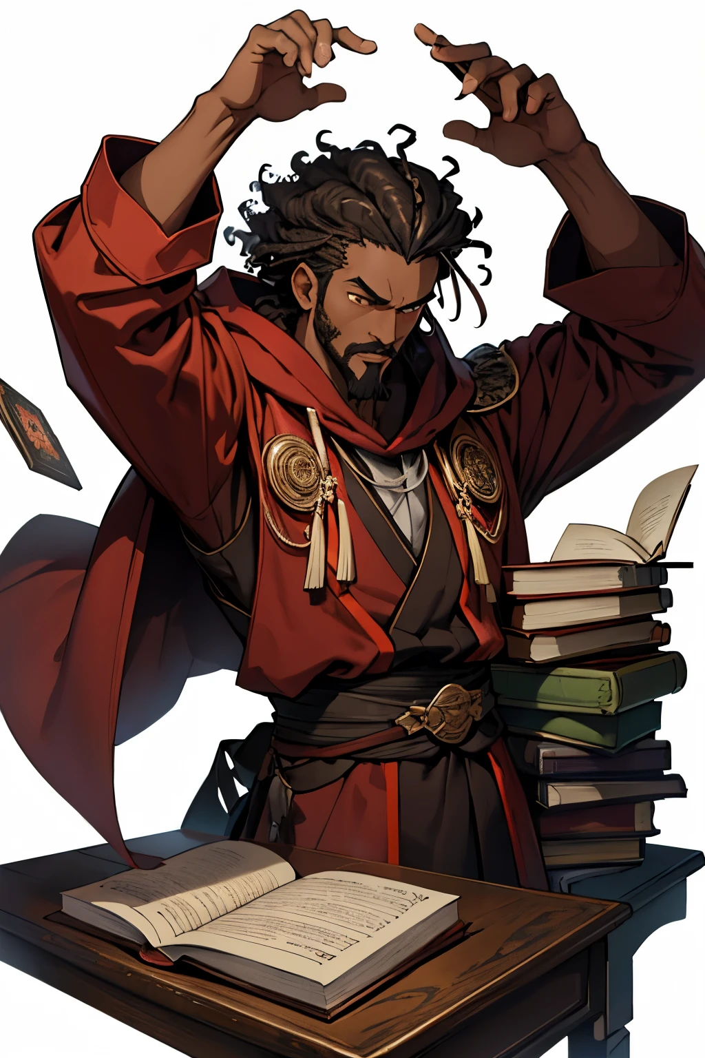 anime highest quality, front facing, shrouded male figure, dark brown tightly curls coils afro hairstyle, mocha skin, serious expression, goatee, mustache, dark red robes with the hood up, hand outstretched with a dice in the palm, books, ink, quill stack of parchment and neatly tied scrolls on top of the desk, simple white background